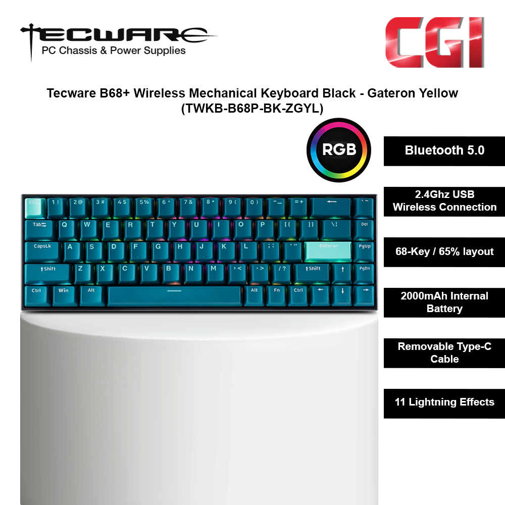Tecware B68+ Wireless Mechanical Keyboard Black - Gateron Yellow (TWKB-B68P-BK-ZGYL)