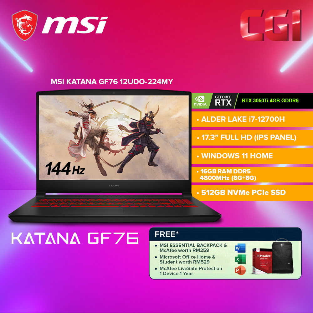 MSI Katana GF76 12UDO-224MY Gaming Laptop i7-12700H|RTX3050Ti|17.3" FHD 144Hz|16GB|512GB|W11H|MOHS -