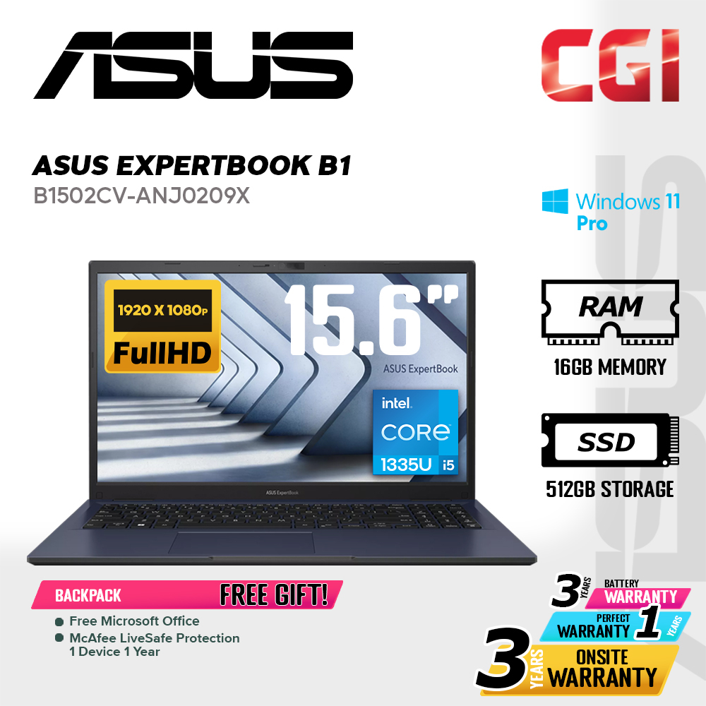 Asus 15.6" ExpertBook B1 B1502 Laptop Intel i5-1335U 16GB 512GB FHD Win11Pro 3Y Onsite - B1502CV-ANJ