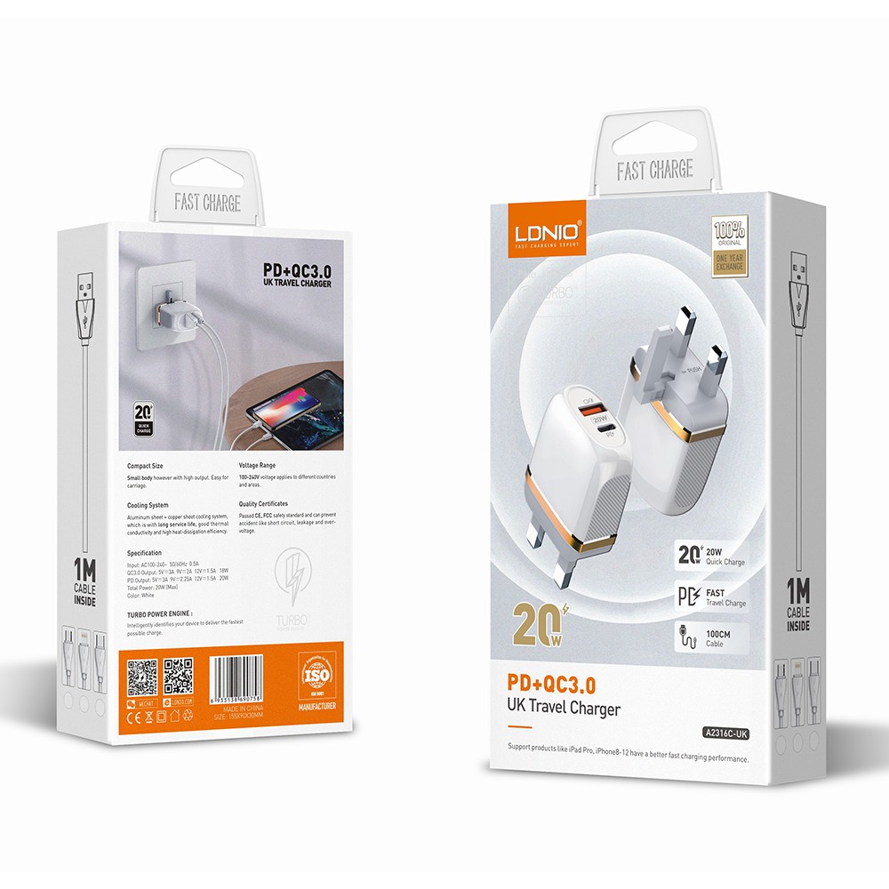 REDAY STOCK LDNIO A2316C 20W Fast Charge Charger QC3.0 + PD USB-C CABLE TYPEC TO LIGHTNING
