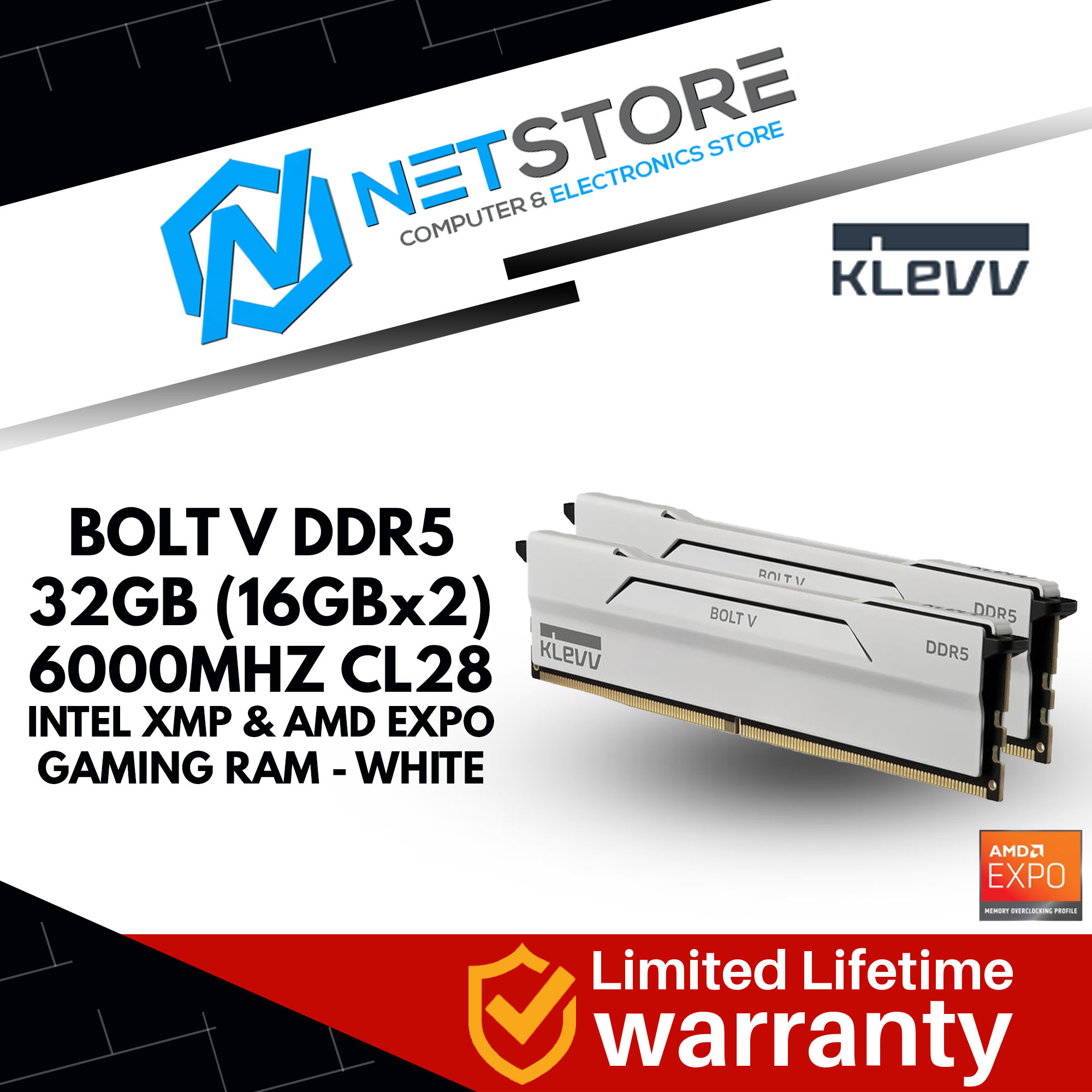 KLEVV BOLT V DDR5 32GB (16GBx2) 6000MHZ CL28 INTEL XMP & AMD EXPO GAMING RAM - WHITE - KD5AGU880-60B