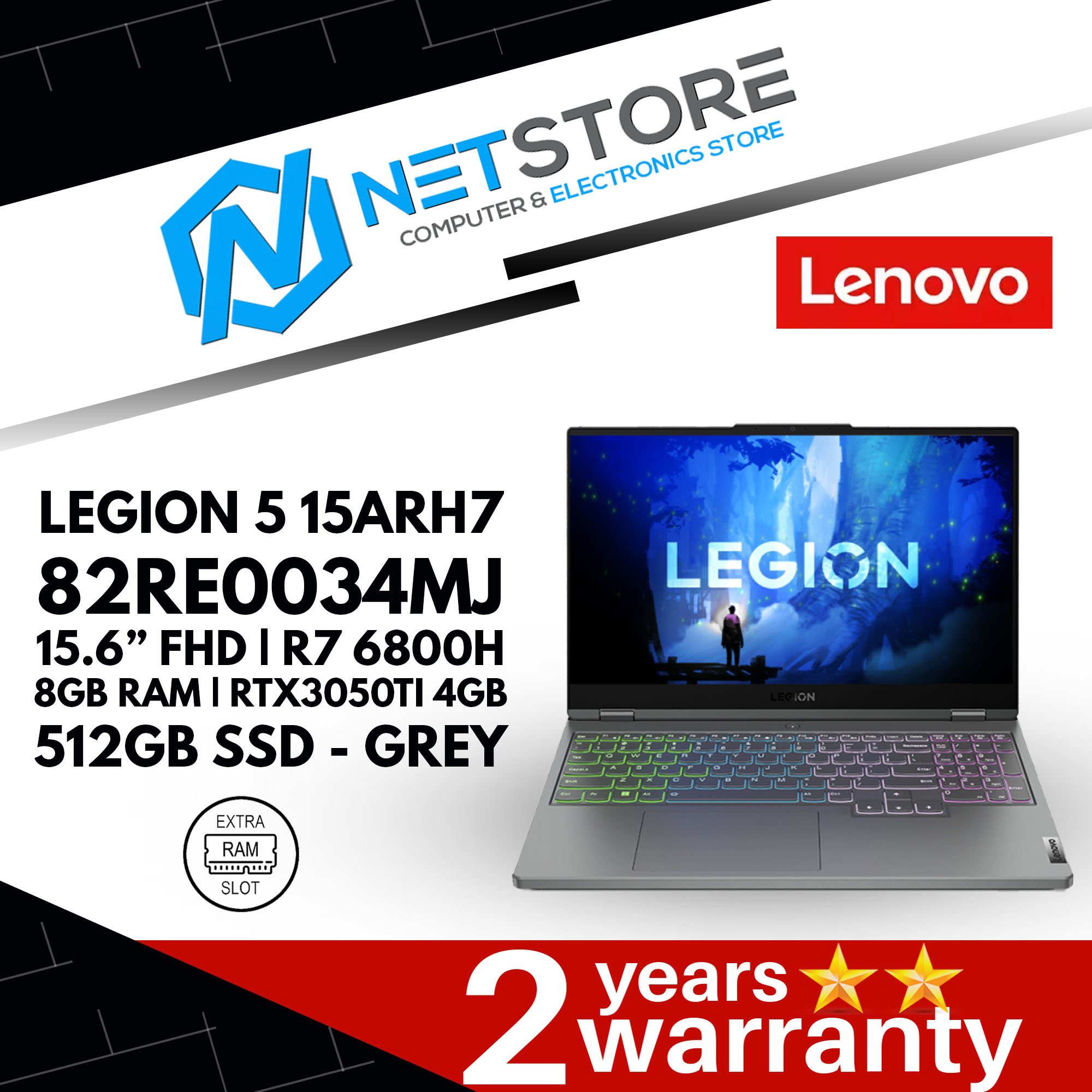LENOVO LEGION 5 15ARH7 82RE0034MJ 15.6” FHD | R7 6800H | 8GB RAM | RTX3050TI 4GB | 512GB SSD - GREY