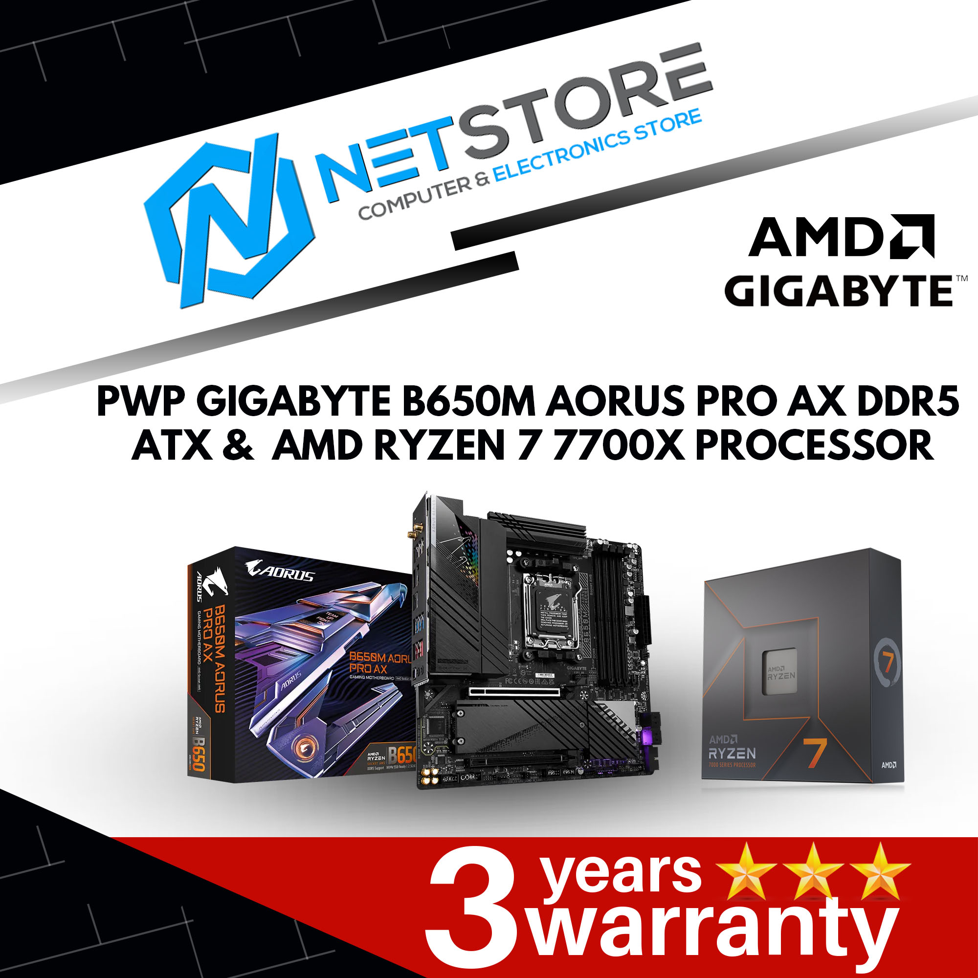 PWP GIGABYTE B650M AORUS PRO AX DDR5 ATX & AMD RYZEN 7 7700X PROCESSOR