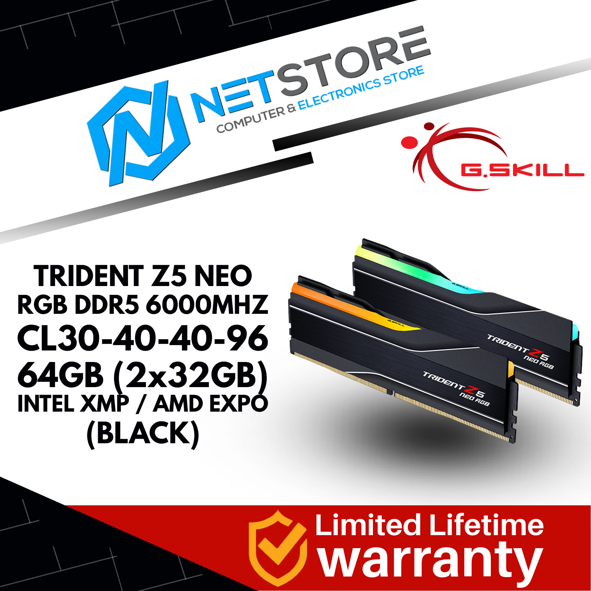 GSKILL TRIDENT Z5 NEO RGB DDR5 6000MHZ CL30-40-40-96 64GB (2x32GB) INTEL XMP / AMD EXPO (BLACK/WHITE