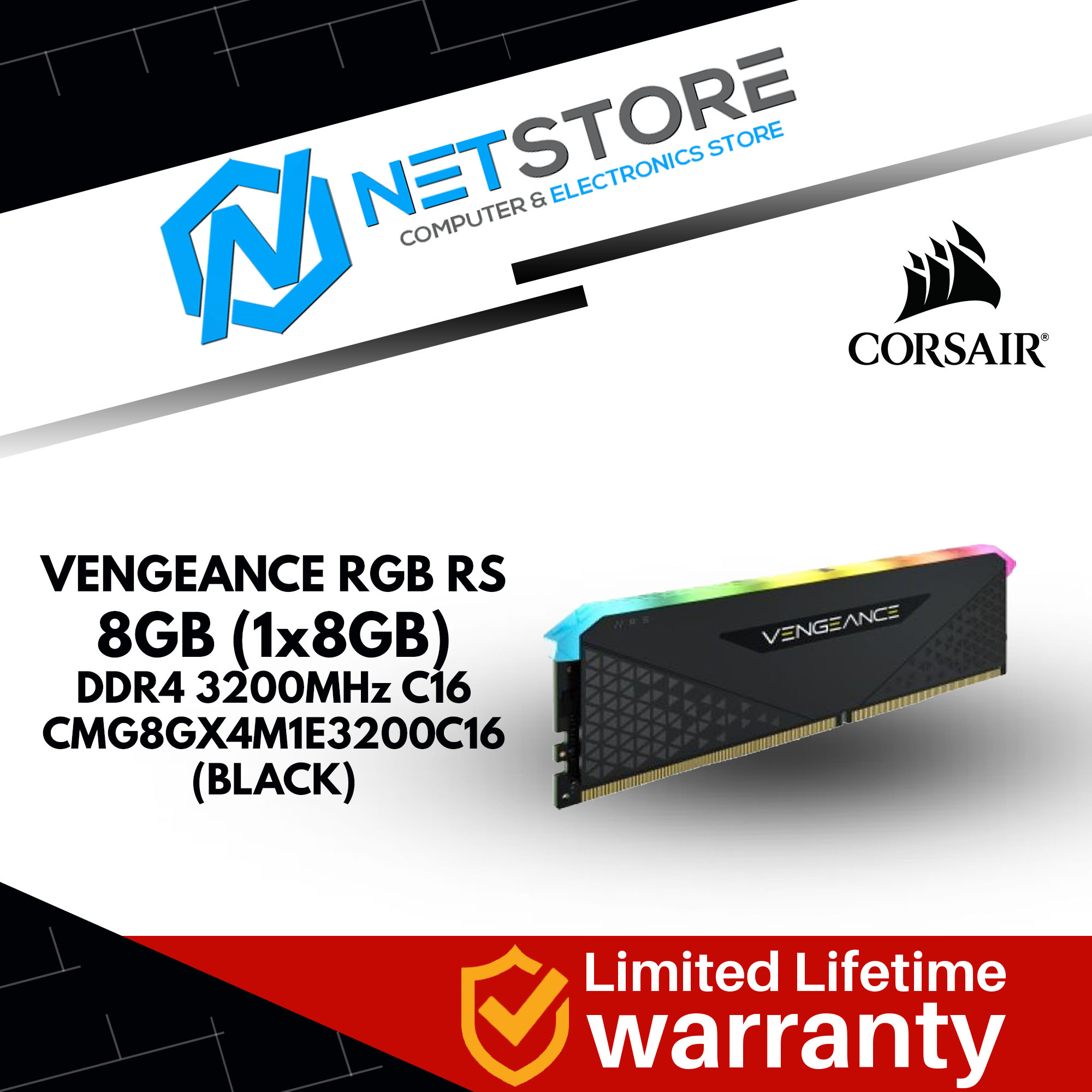CORSAIR VENGEANCE RGB RS 8GB (1x8GB) DDR4 3200MHz C16 RAM (BLACK) - CMG8GX4M1E3200C16