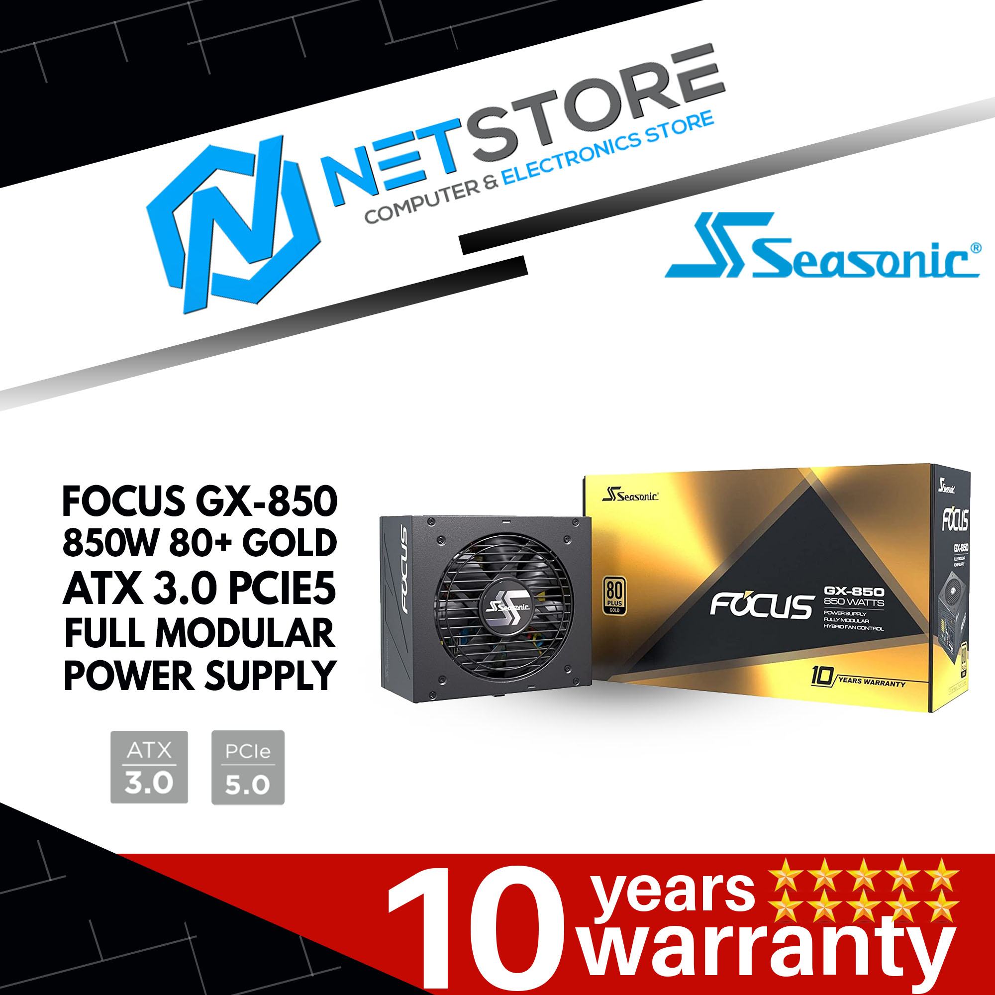 SEASONIC FOCUS GX-850 ATX 3.0 GOLD PCIE 5 POWER SUPPLY -  FOCUS GX-850 ATX3.0