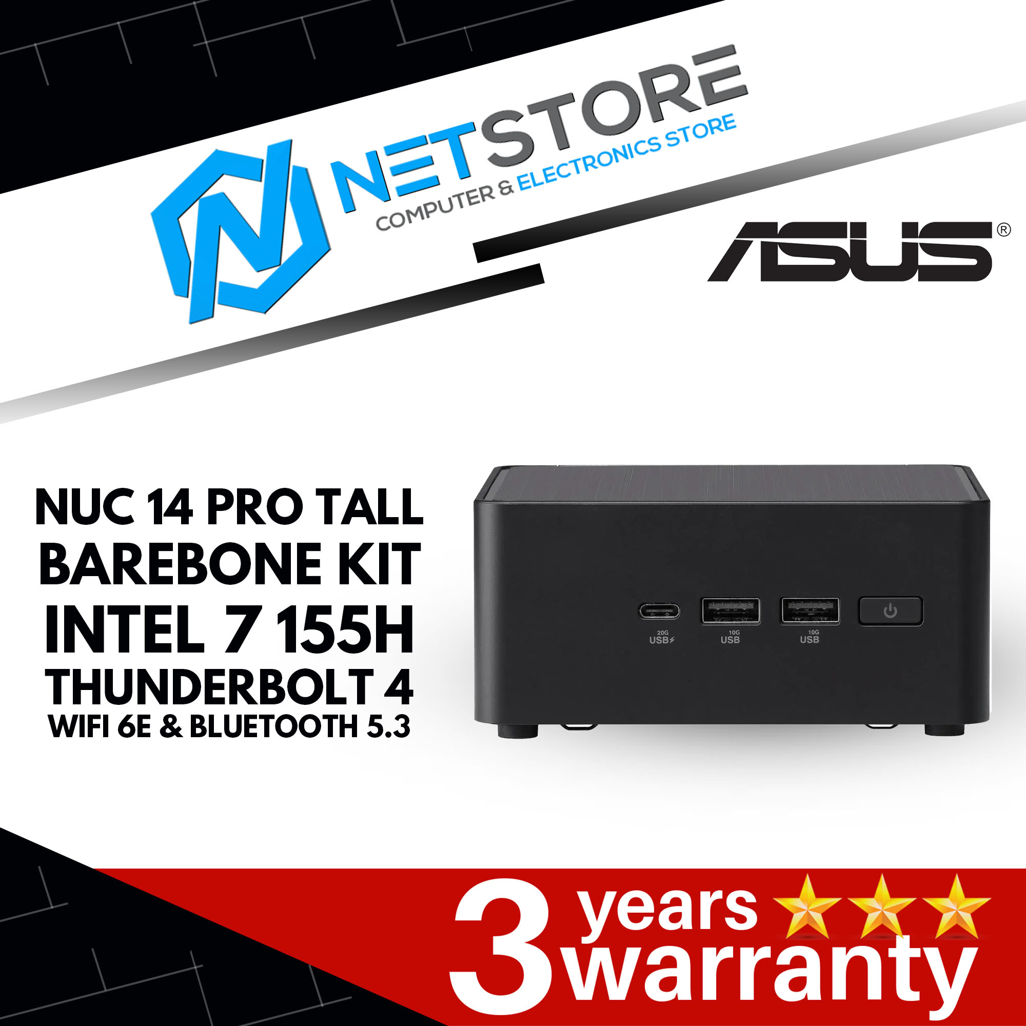 ASUS NUC 14 PRO TALL BAREBONE KIT INTEL 7 155H THUNDERBOLT 4 WIFI 6E & BLUETOOTH 5.3 - 90AR0072-M001