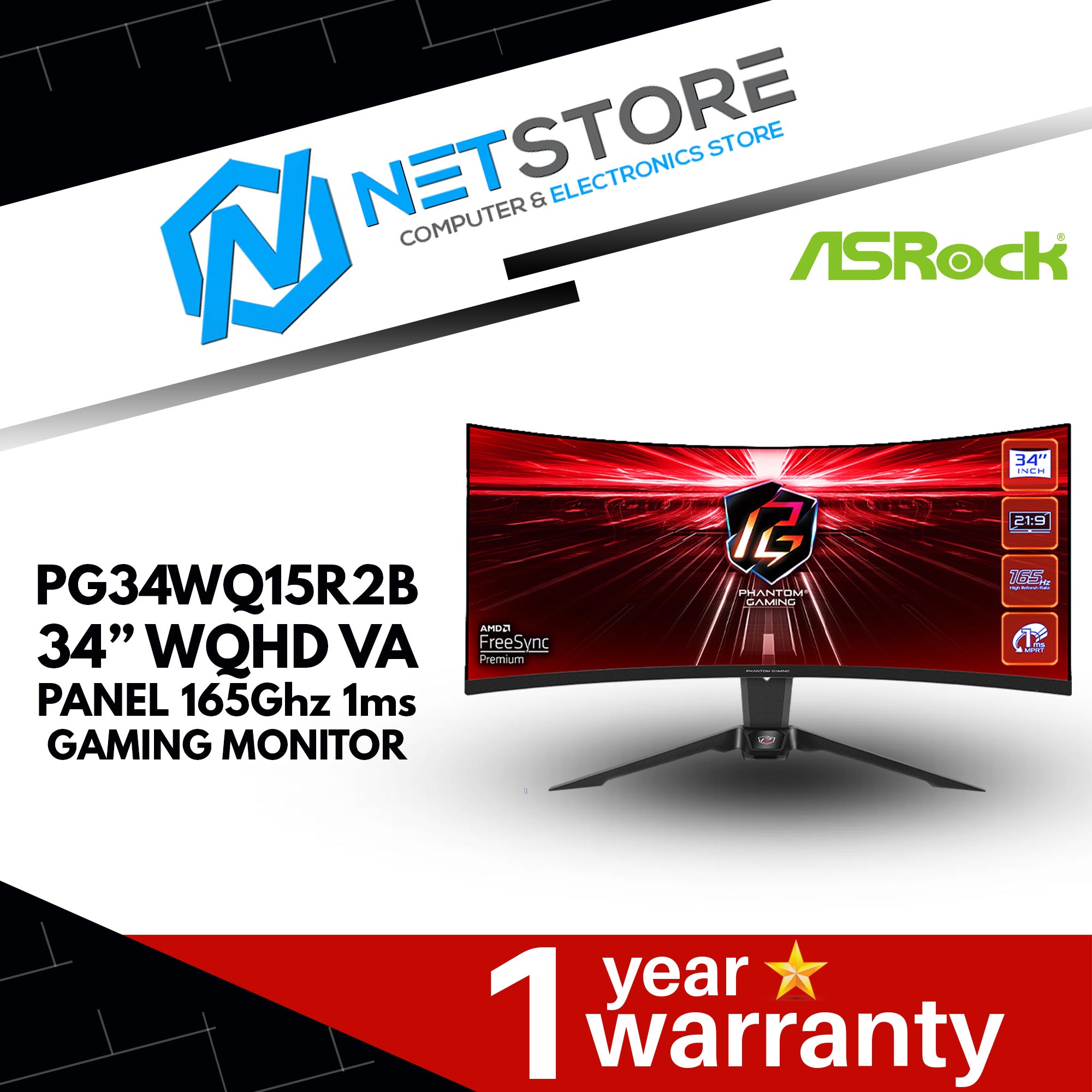 ASROCK PG34WQ15R2B 34” WQHD VA PANEL 165Ghz 1ms GAMING MONITOR - 90LXA060-A0G2A0V