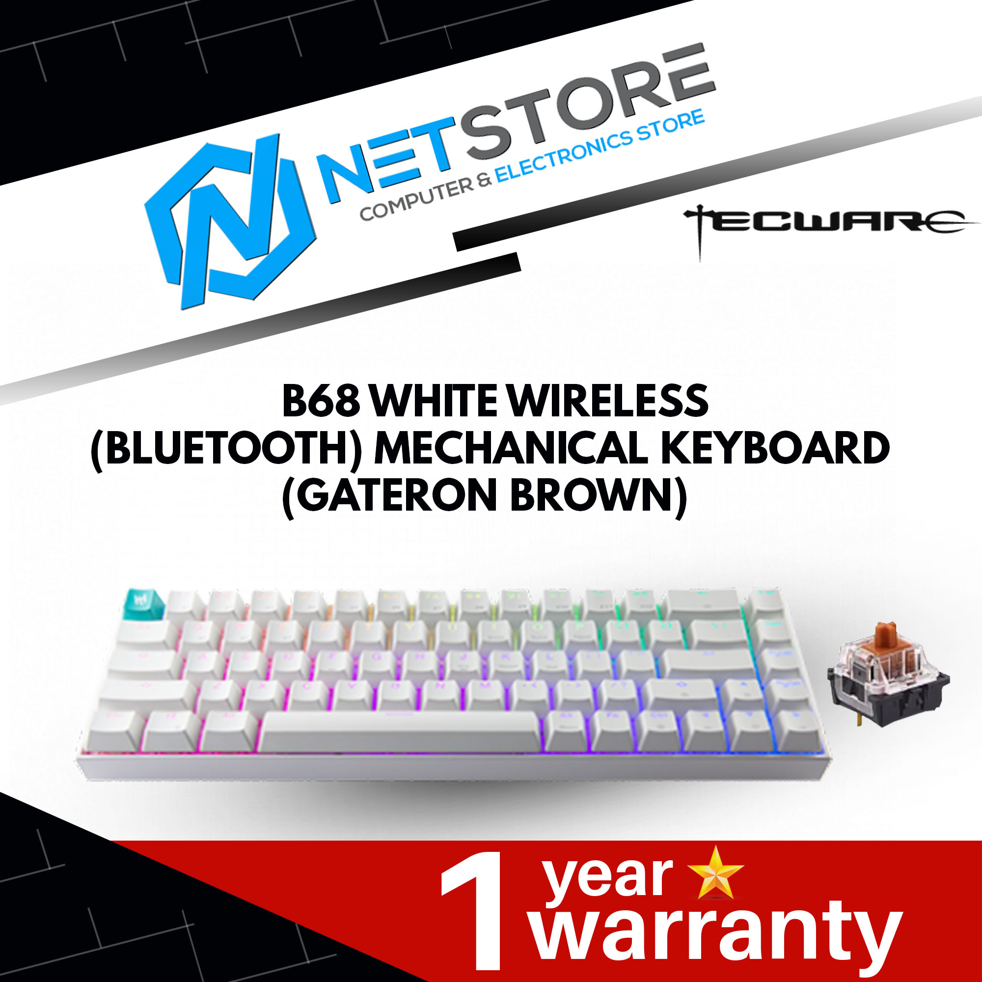 TECWARE B68 WIRELESS (BLUETOOTH) MECHANICAL KEYBOARD WHITE (GATERON BROWN) - TWKB-B68W-ZGBR