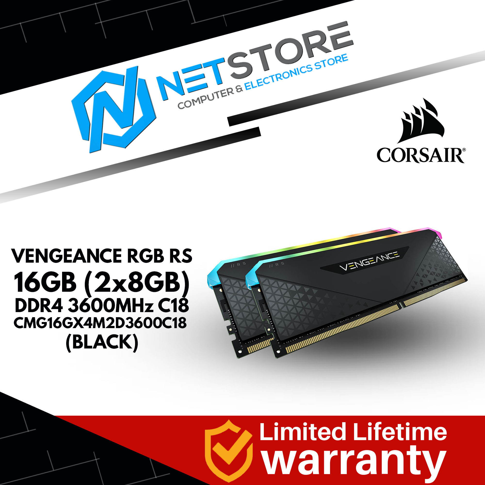 CORSAIR VENGEANCE RGB RS 16GB (2x8GB) DDR4 3600MHz C18 RAM (BLACK) - CMG16GX4M2D3600C18