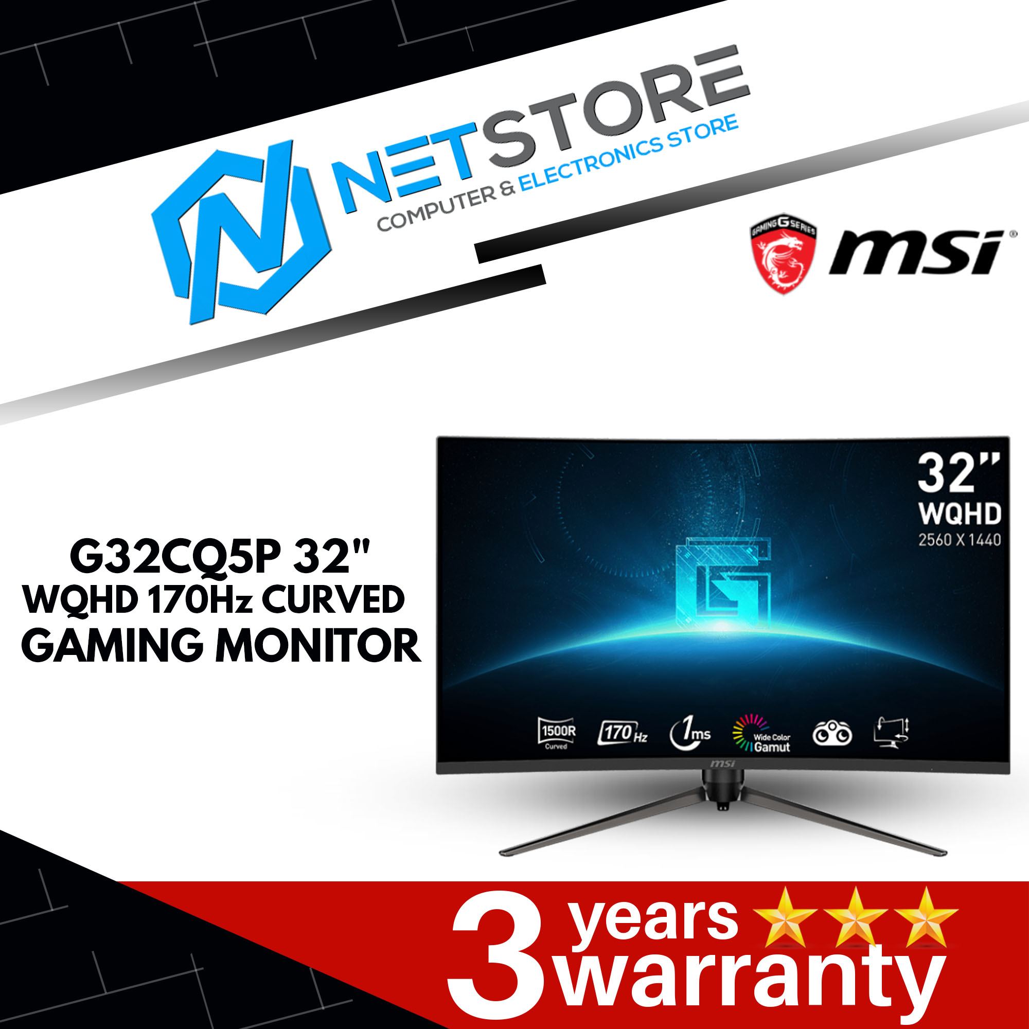 MSI G32CQ5P 32' WQHD 170Hz CURVED GAMING MONITOR -  9S6-3DB44H-034 