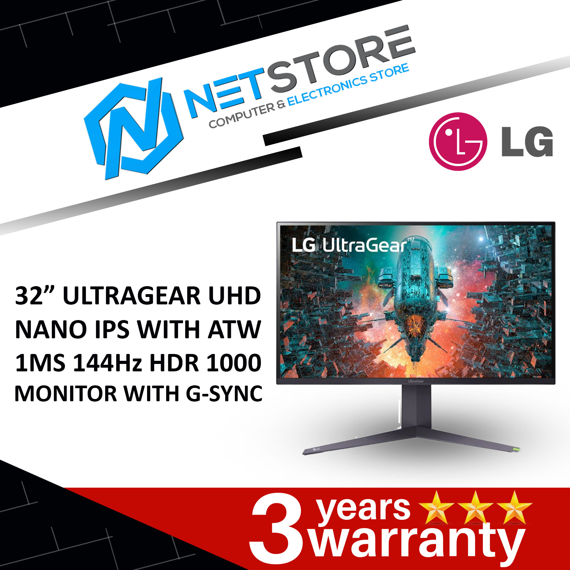 LG 32” ULTRAGEAR UHD NANO IPS WITH ATW 1MS 144Hz HDR 1000 MONITOR WITH G-SYNC - 32GQ950-B