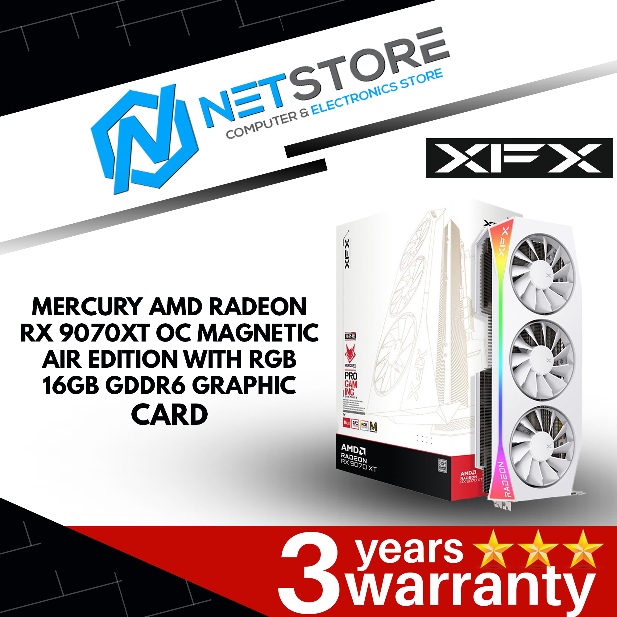 XFX MERCURY AMD RADEON RX 9070XT OC MAGNETIC AIR EDITION WITH RGB 16GB GDDR6 GRAPHIC CARD - WHITE - 