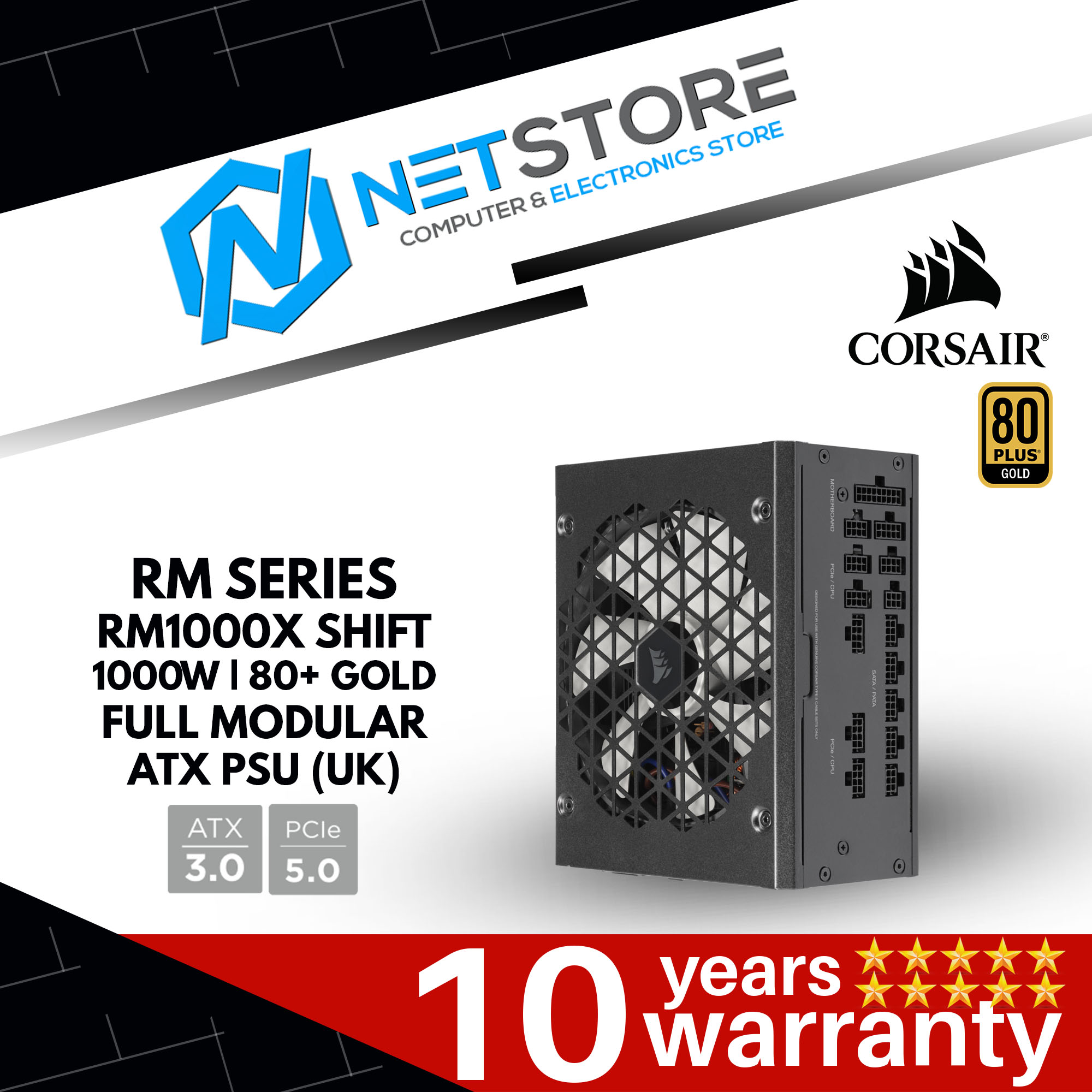 CORSAIR RM SERIES RM1000X SHIFT 1000W | 80+ GOLD FULL MODULAR ATX PSU (UK) ATX3.0 (PCIe5.0) POWER SU