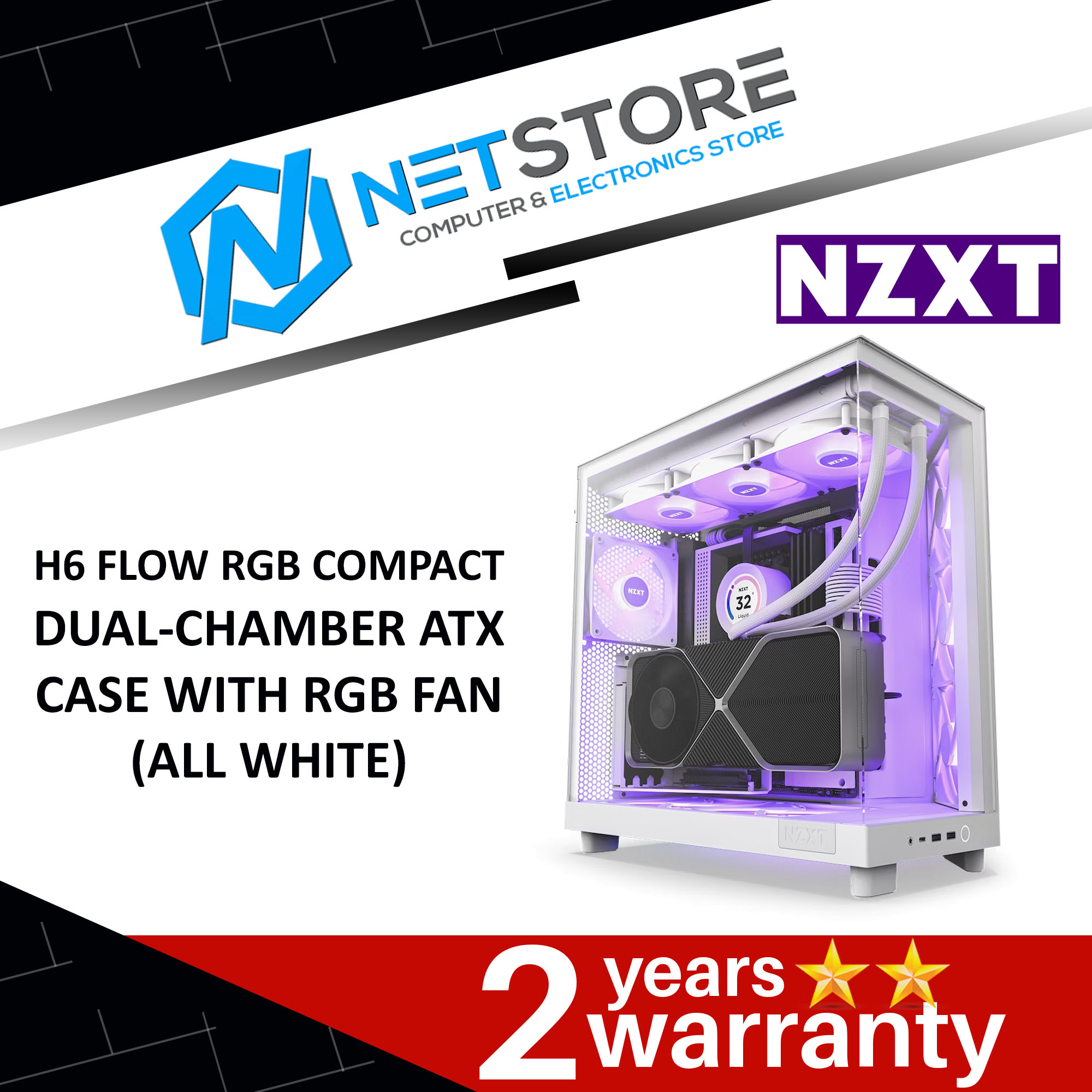 NZXT H6 FLOW RGB COMPACT DUAL-CHAMBER ATX CASE WITH RGB FAN (ALL WHITE) - CC-H61FW-R1