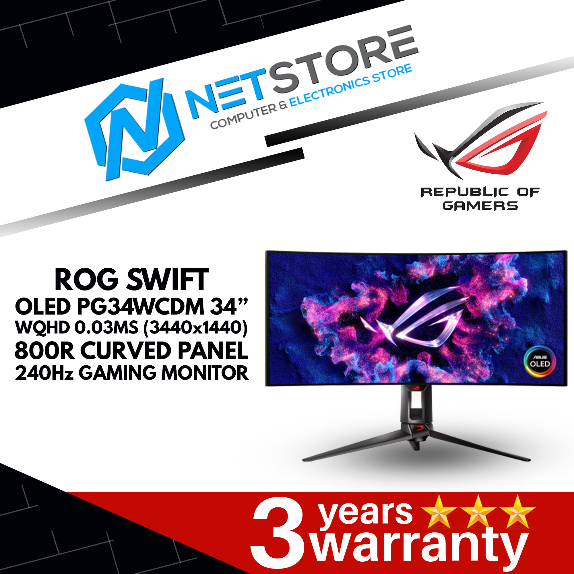 ASUS ROG SWIFT OLED PG34WCDM 34” WQHD 0.03MS (3440x1440) 800R CURVED PANEL 240Hz GAMING MONITOR - 90
