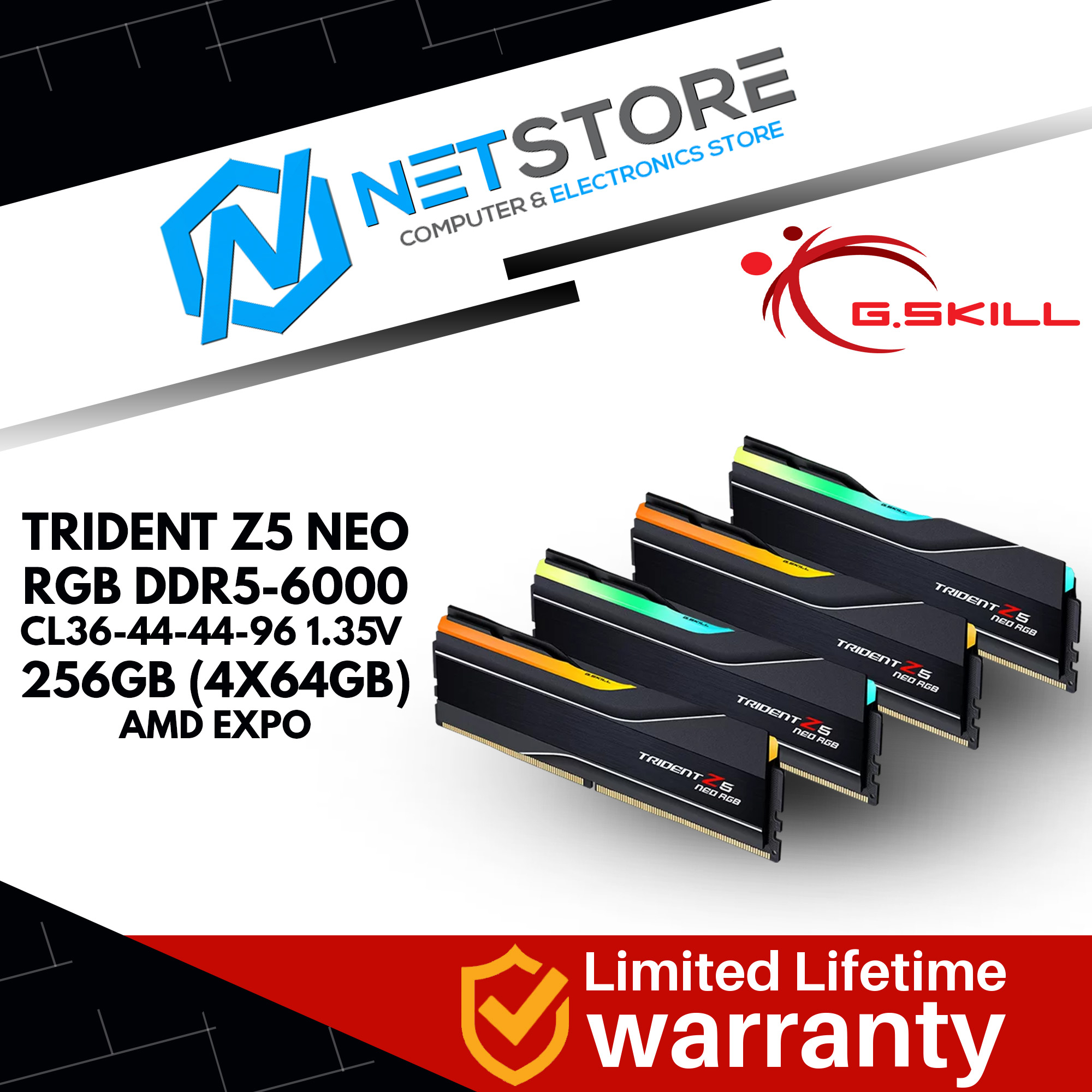 G.SKILL TRIDENT Z5 NEO RGB DDR5-6000 CL36 1.35V AMD EXPO RAM - 256GB (4x64GB) - F5-6000J3644D64GX4-T