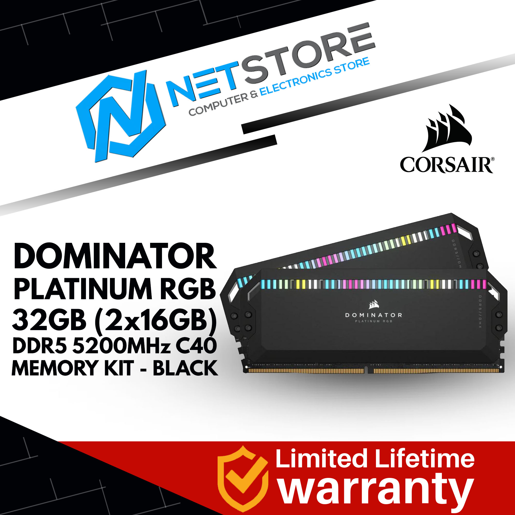 CORSAIR DOMINATOR PLATINUM RGB 32GB (2x16GB) DDR5 5200MHz C40 RAM (BLACK) - CMT32GX5M2B5200C40