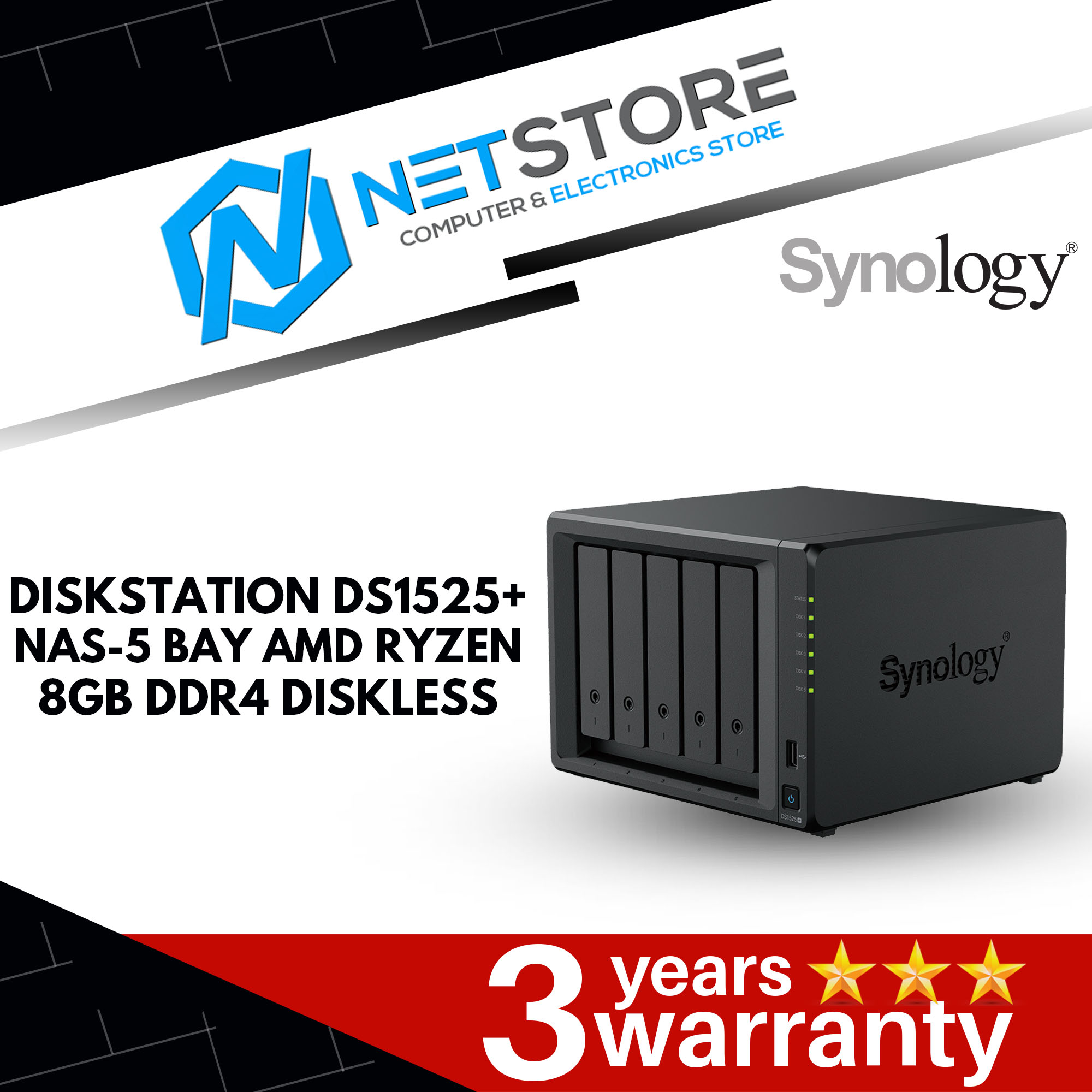 SYNOLOGY DISKSTATION DS1525+ 5-BAY NAS STORAGE (AMD RYZEN / 2.2 GHz-QC / 8GB / 2 x 2.5GbE RJ-45 / DI
