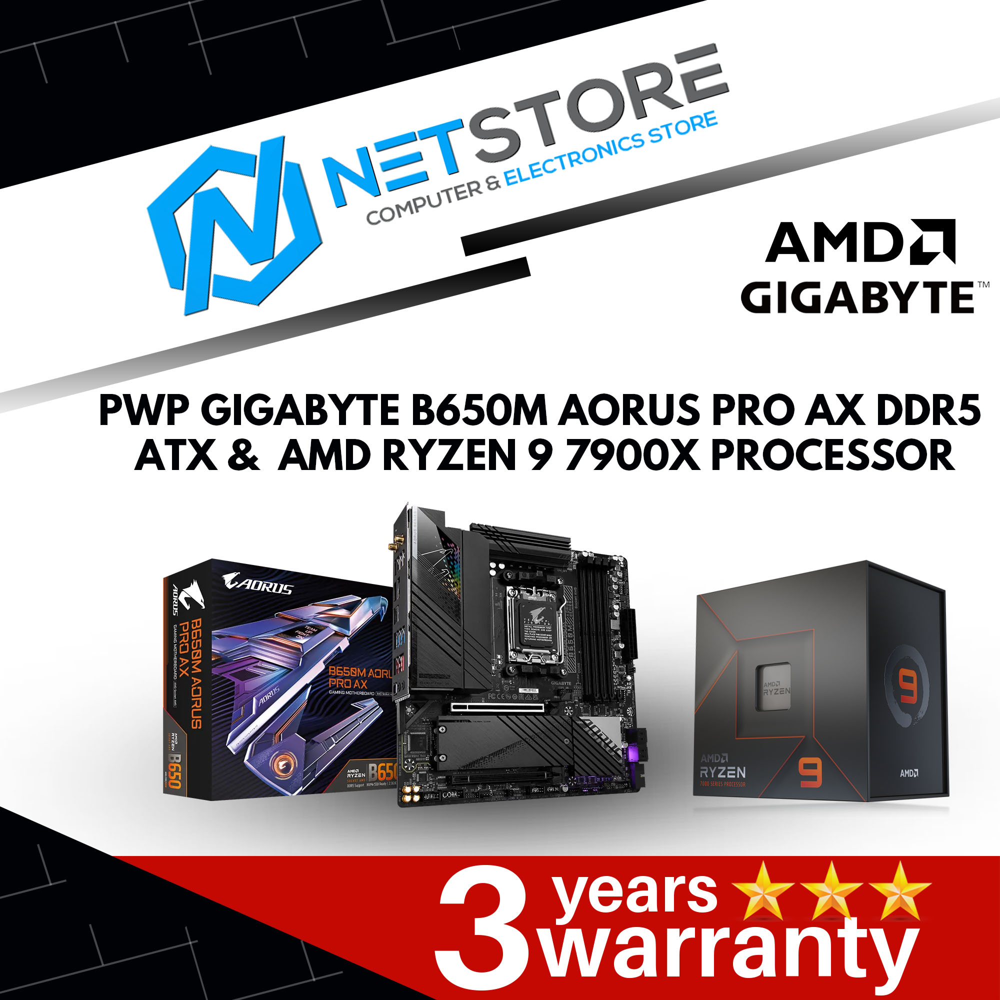 PWP GIGABYTE B650M AORUS PRO AX DDR5 ATX & AMD RYZEN 9 7900X PROCESSOR