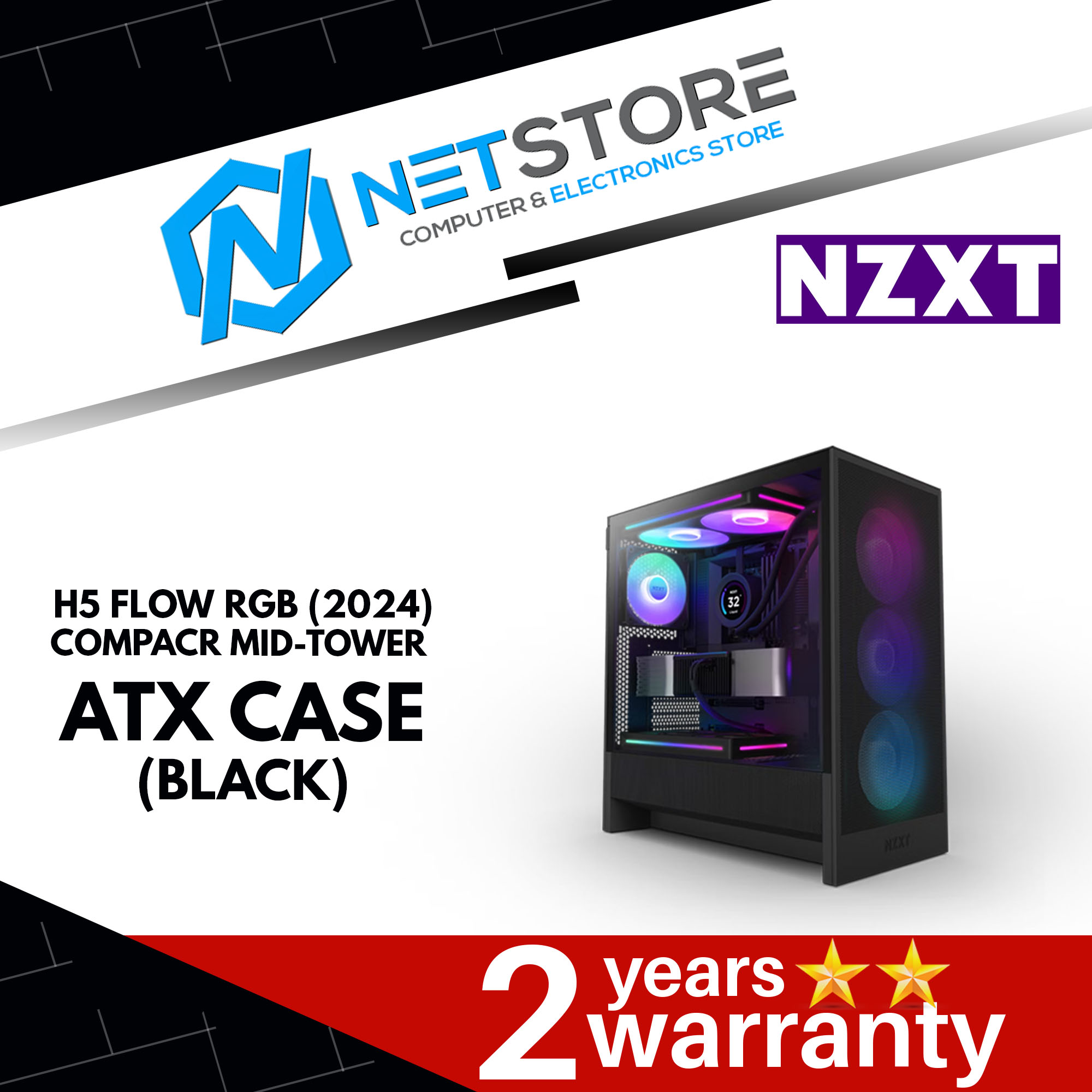 NZXT H5 Flow RGB (2024) Compact Mid-Tower ATX Case with RGB Fans (BLACK/WHITE)