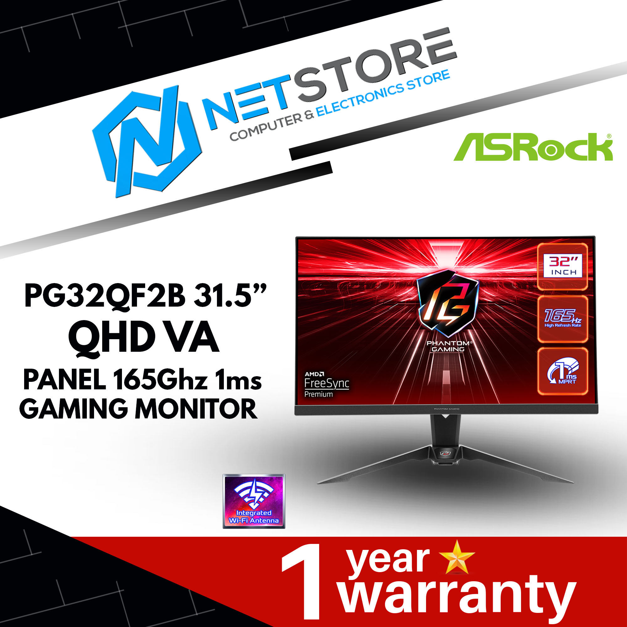 ASROCK PG32QF2B 31.5 INCH QHD VA PANEL 165Ghz 1ms GAMING MONITOR - 90LXA020-A0G2A0V