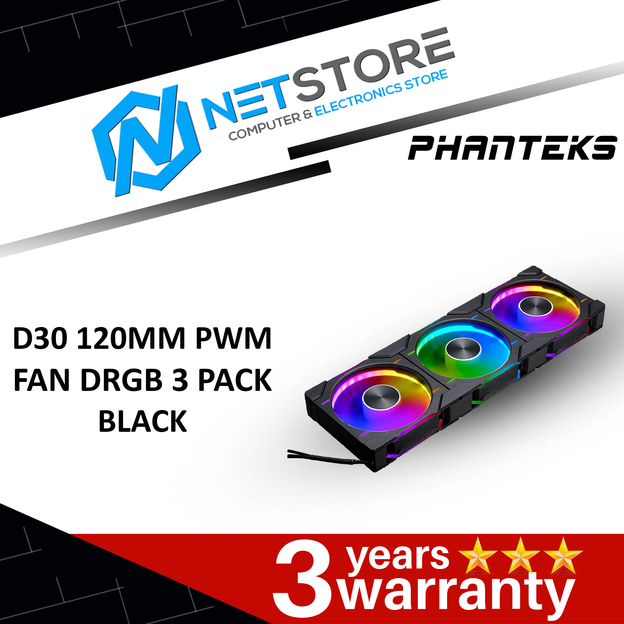 PHANTEKS D30 120MM PWM FAN DRGB 3 PACK (BLACK/WHITE)