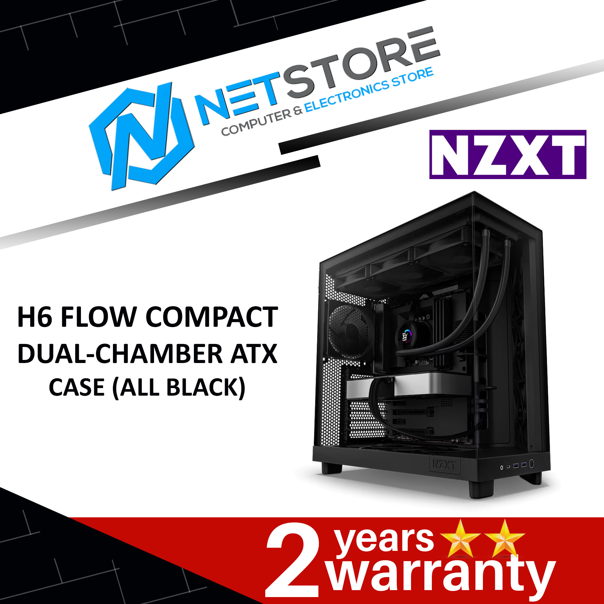 NZXT H6 FLOW COMPACT DUAL-CHAMBER ATX CASE (ALL BLACK) - CC-H61FB-01