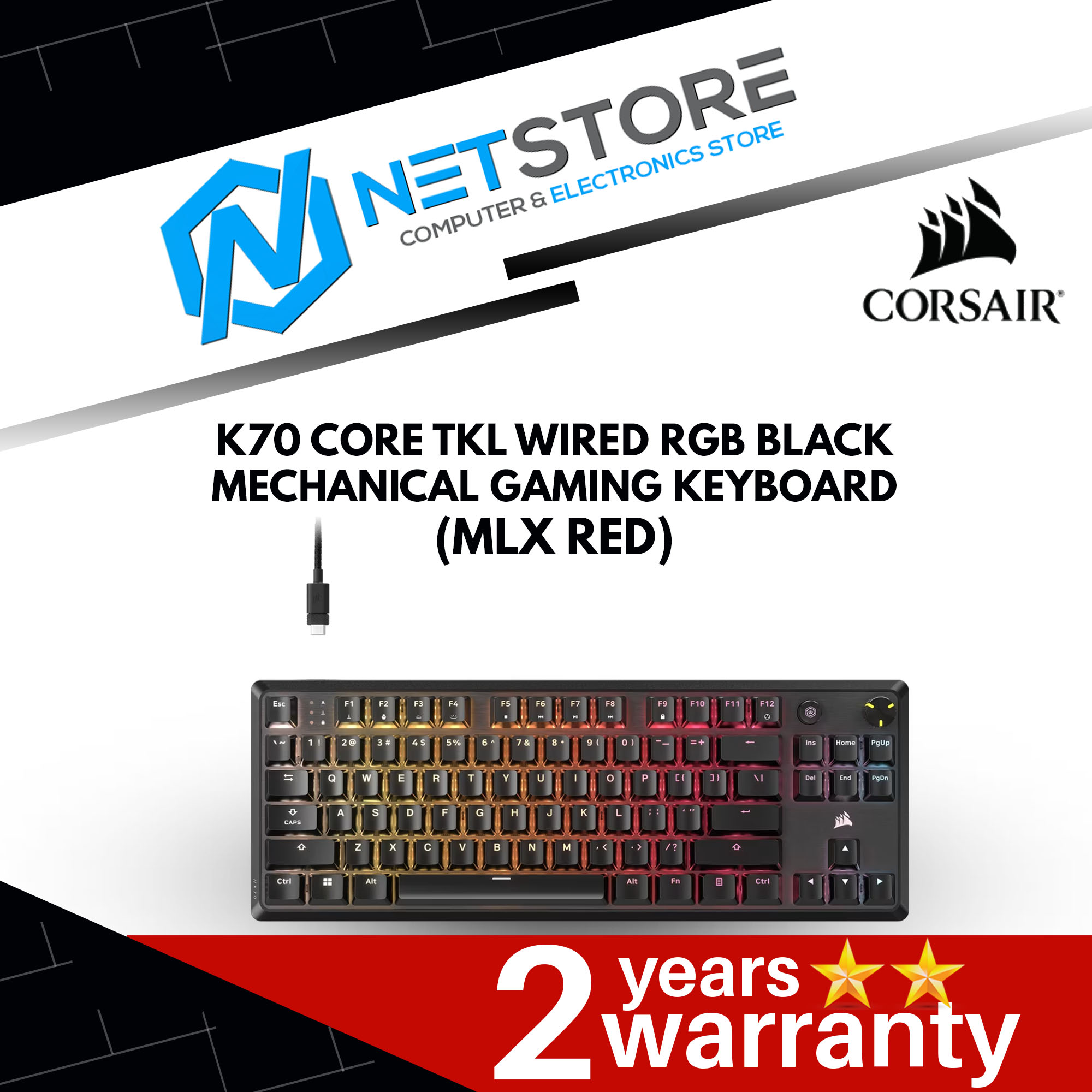 CORSAIR K70 CORE TKL WIRED RGB BLACK MECHANICAL GAMING KEYBOARD (MLX RED) - CH-911911E-NA