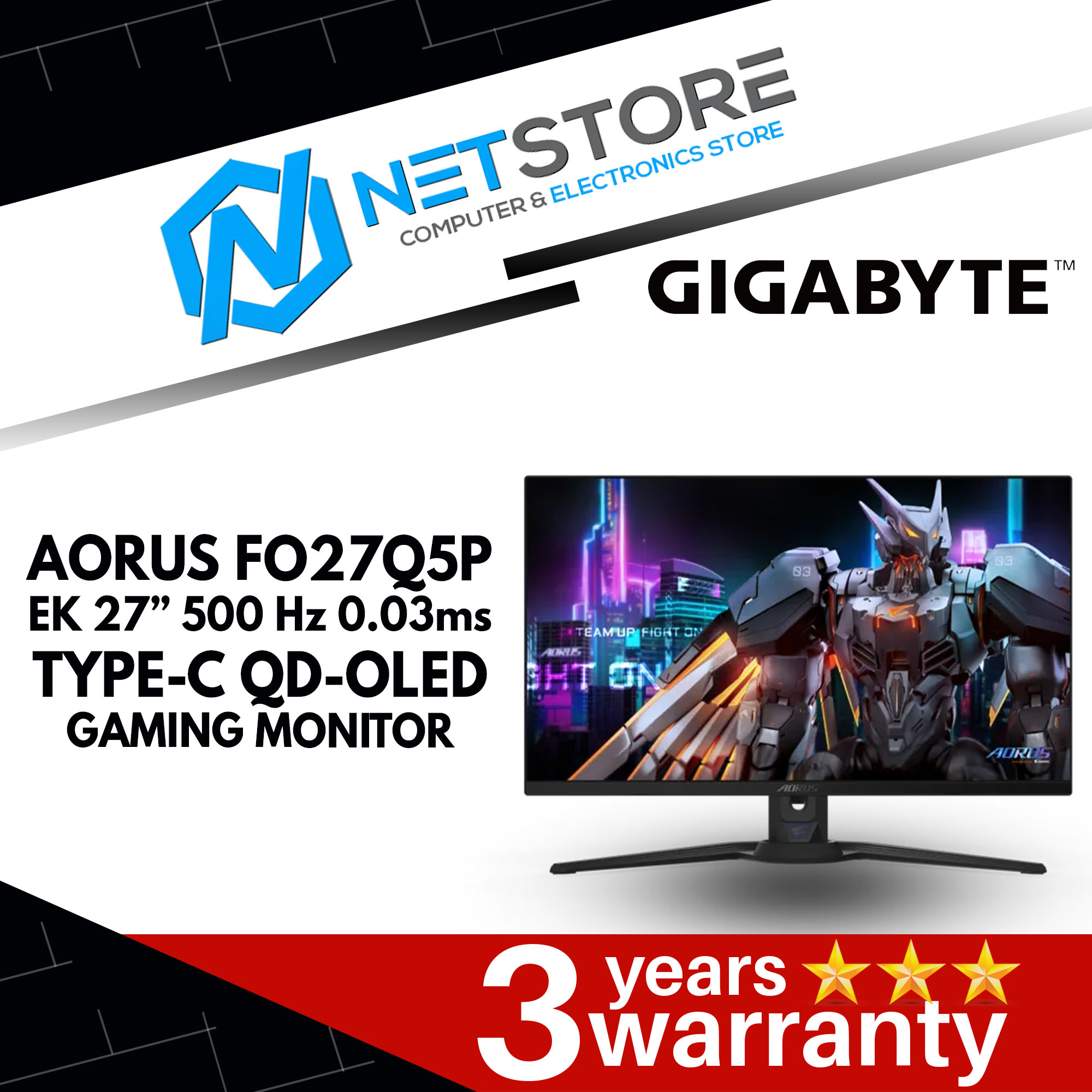 GIGABYTE AORUS FO27Q5P EK 27” 500 Hz 0.03ms TYPE-C QD-OLED GAMING MONITOR