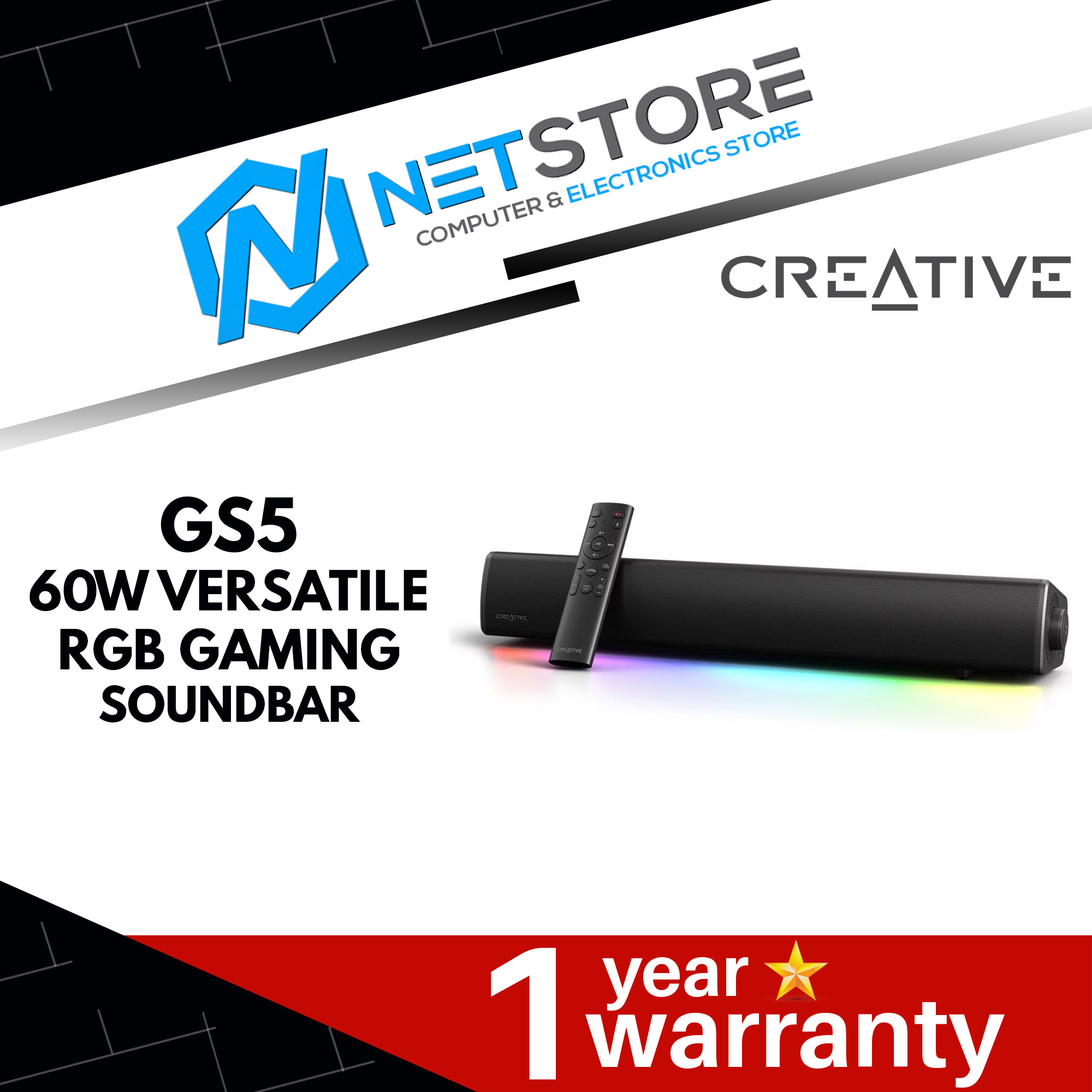 CREATIVE SOUND BLASTER GS5 60W VERSATILE RGB GAMING SOUNDBAR WITH BLUETOOTH & IR REMOTE - 51MF8470AA