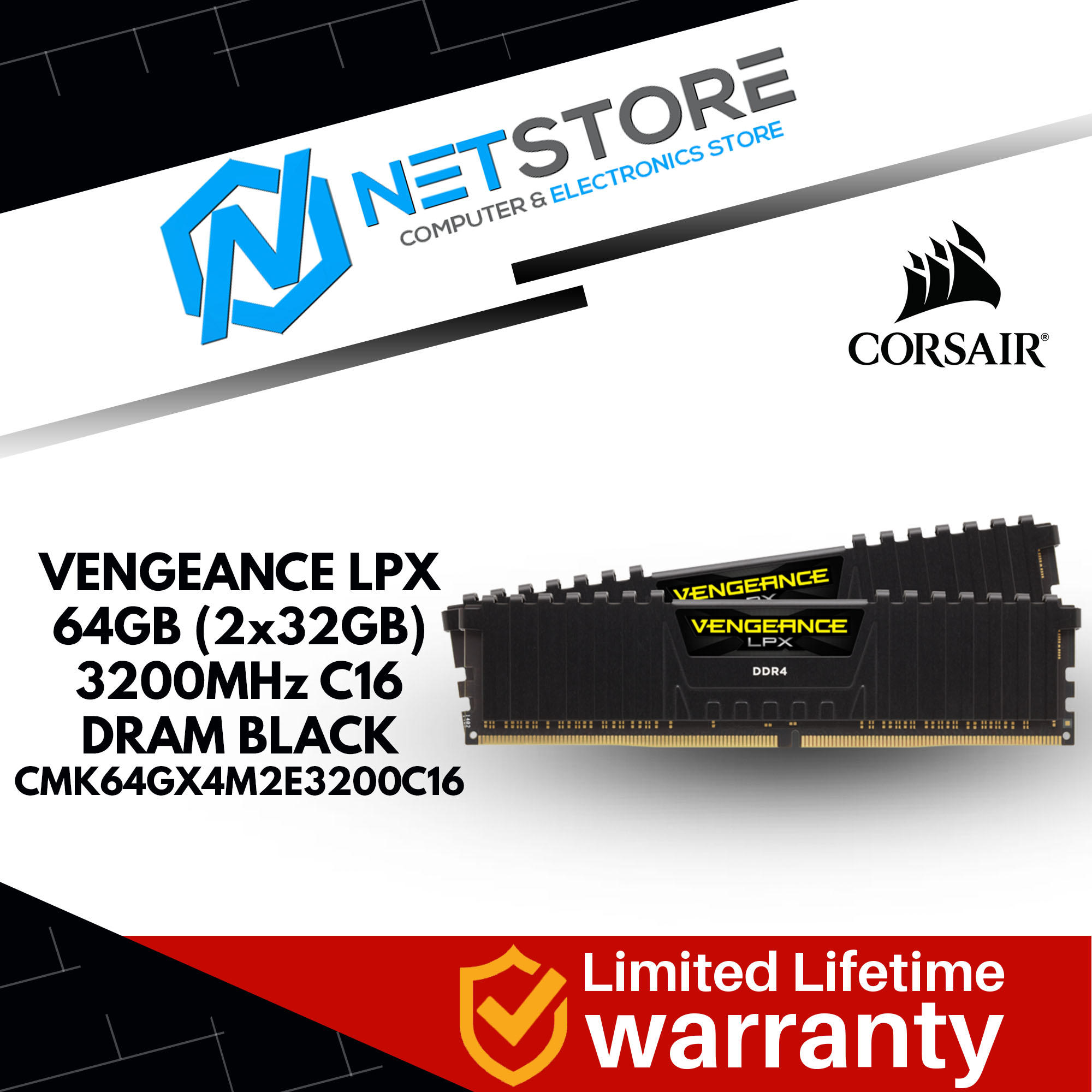 CORSAIR VENGEANCE LPX 64GB (2x32GB) 3200MHz C16 DDR4 DRAM (BLACK) - CMK64GX4M2E3200C16