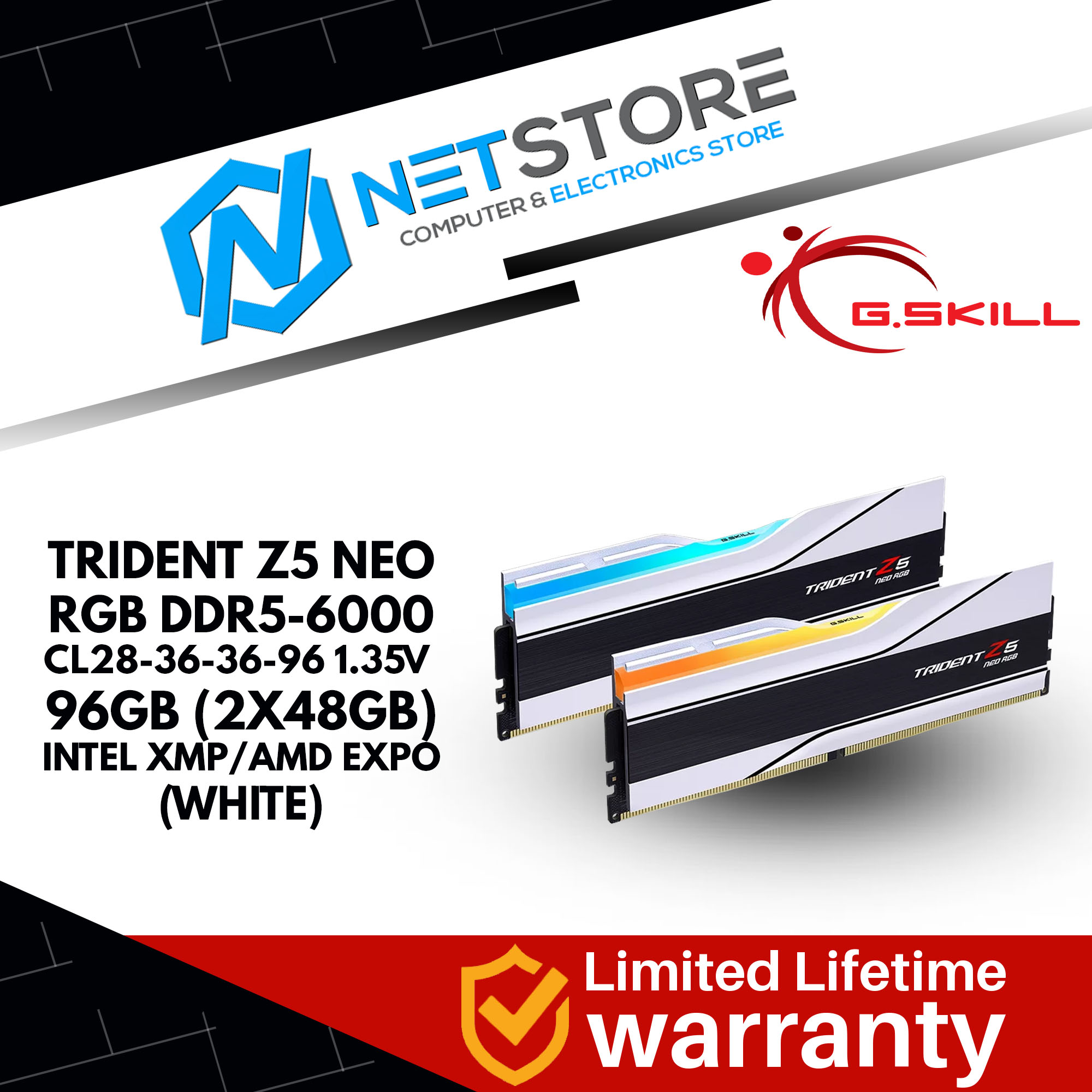 G.SKILL TRIDENT Z5 NEO RGB DDR5-6000 CL28-36-36-96 96GB (2X48GB) INTEL XMP/AMD EXPO (WHITE)-F5-6000J