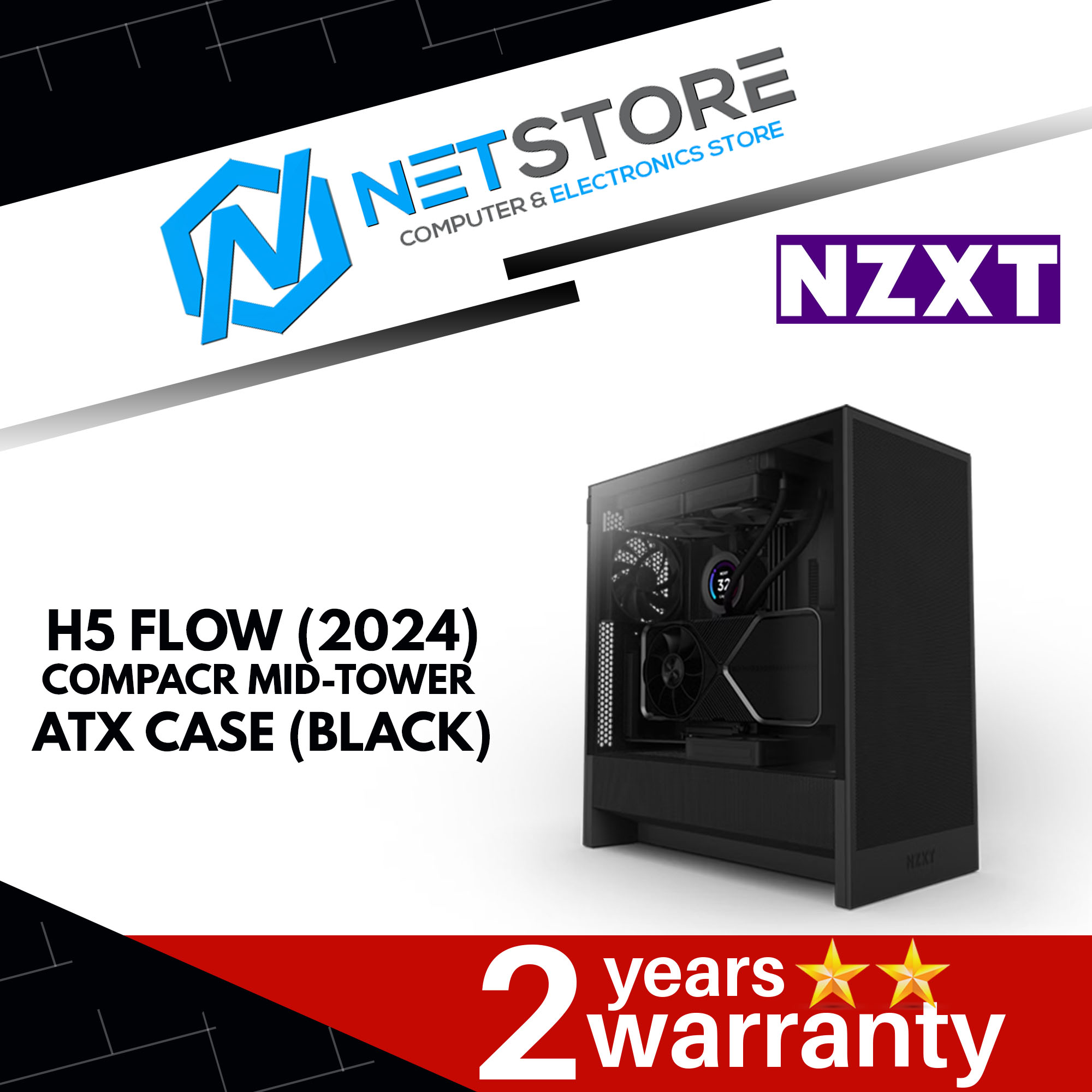 NZXT H5 Flow (2024) Compact Mid-Tower ATX Case (BLACK/WHITE)