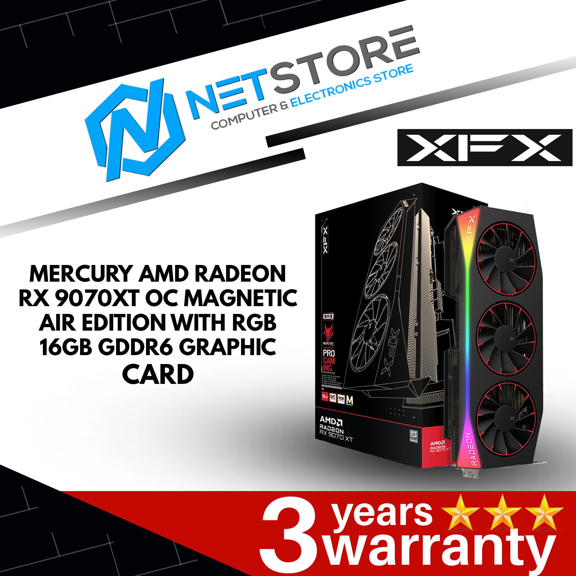 XFX MERCURY RADEON RX 9070XT OC MAGNETIC AIR EDITION WITH RGB 16GB GDDR6 GRAPHIC CARD - RX-97TMARGB9