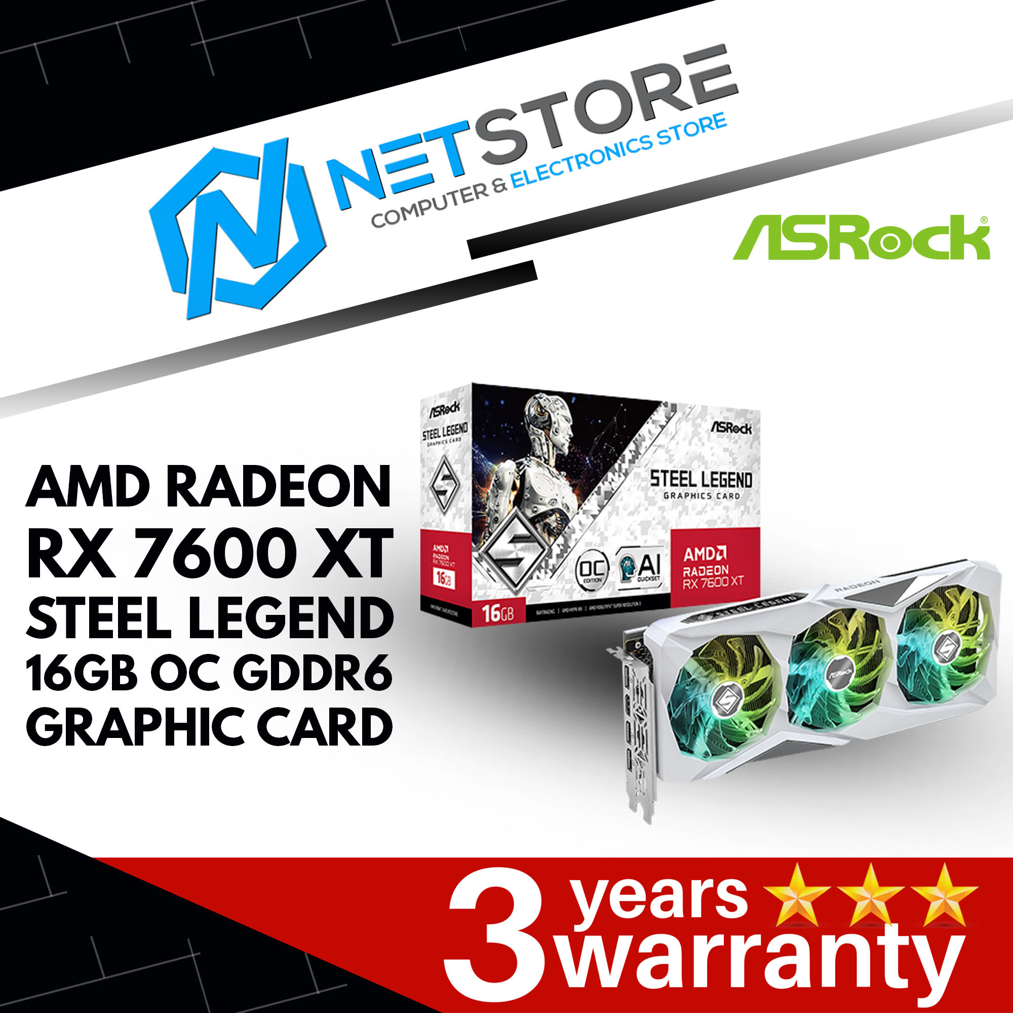 ASROCK AMD RADEON RX 7600 XT STEEL LEGEND 16GB OC GDDR6 GRAPHIC CARD - 90-GA4ZZZ-00UANF