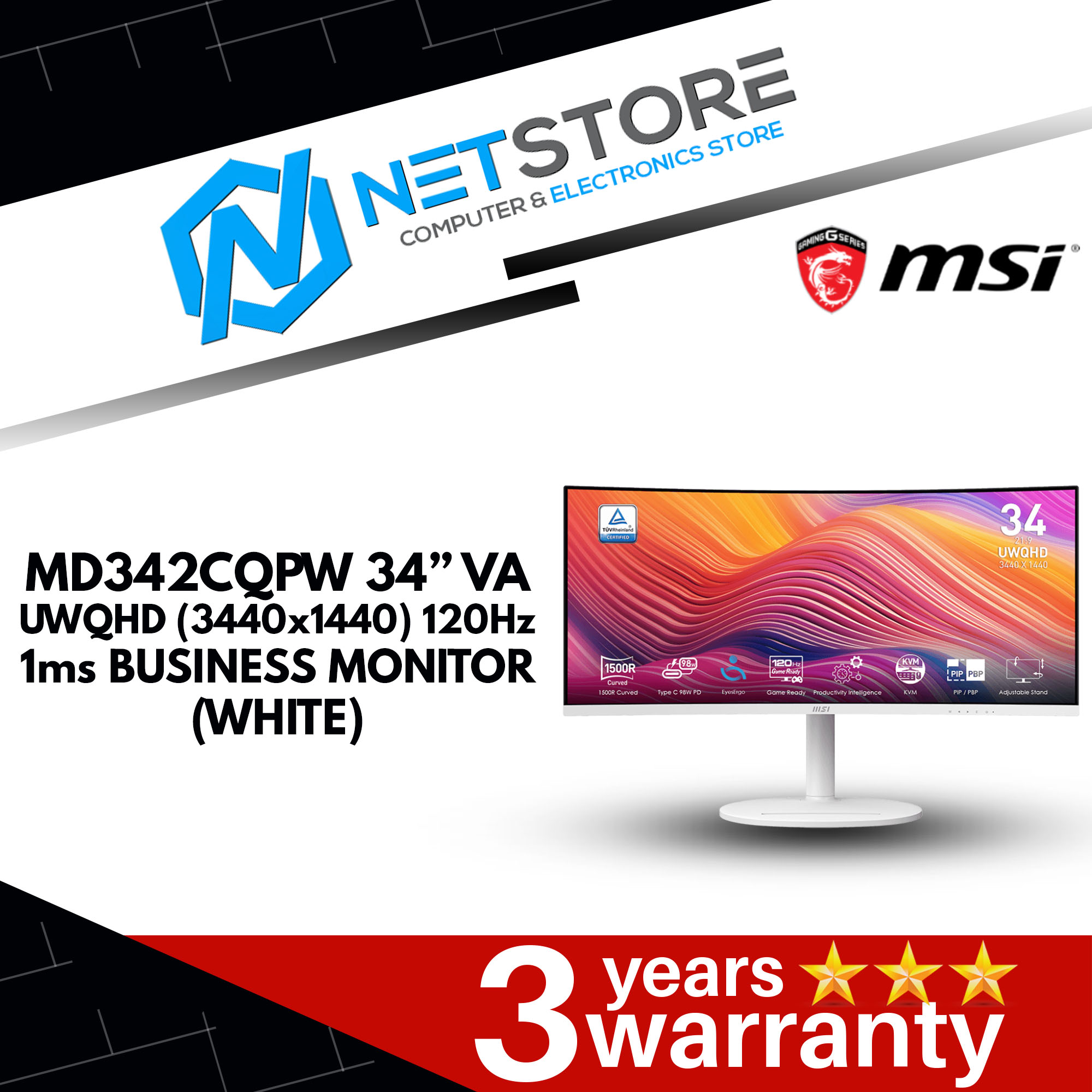 MSI MD342CQPW 34” VA UWQHD (3440x1440) 120Hz 1ms BUSINESS MONITOR (WHITE) - 9S6-3PC59H-019