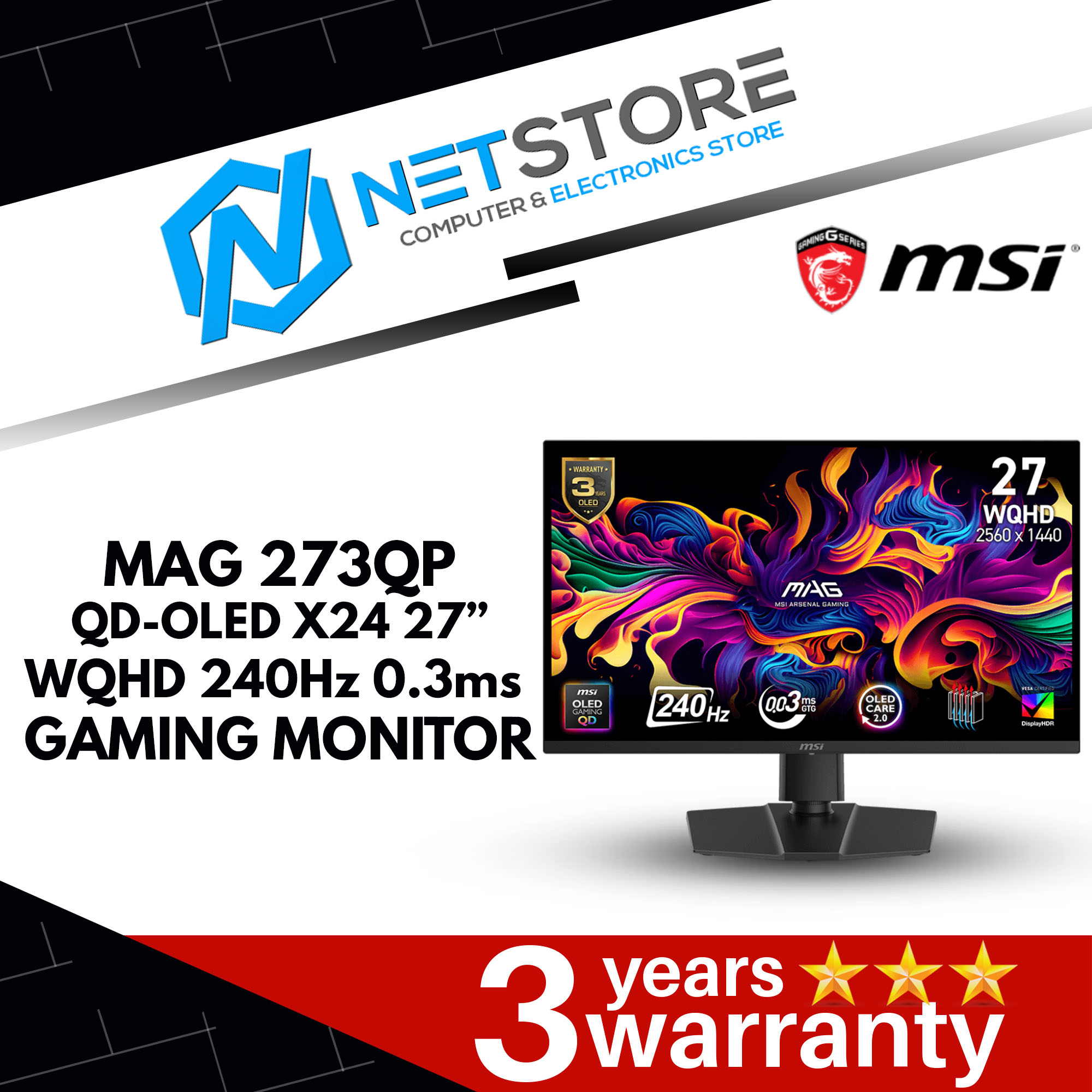 MSI MAG 273QP 27" WQHD QD-OLED 240Hz X24 GAMING MONITOR - 9S6-3CE69H-015