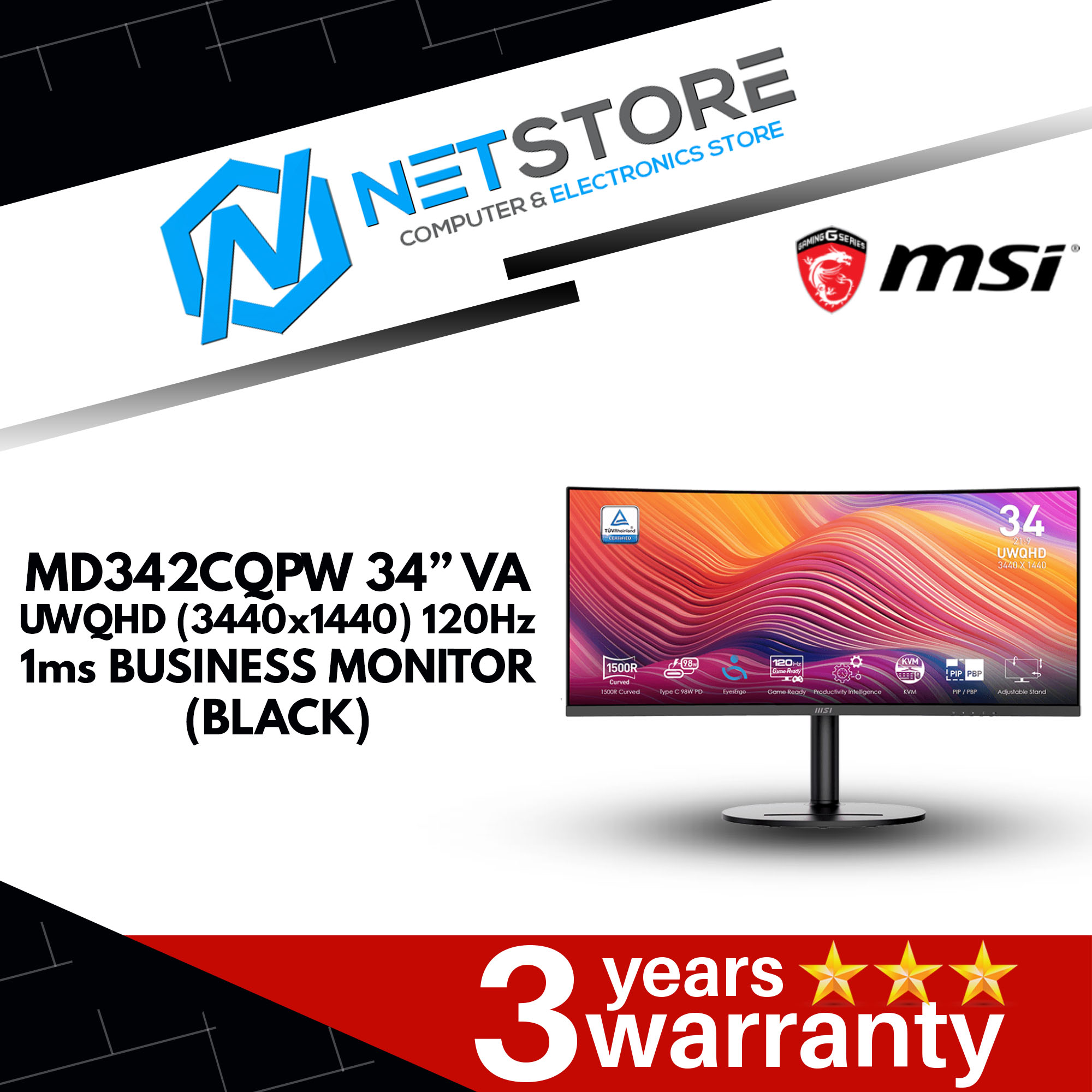 MSI MD342CQPW 34” VA UWQHD (3440x1440) 120Hz 1ms BUSINESS MONITOR (BLACK) - 9S6-3PC59H-009