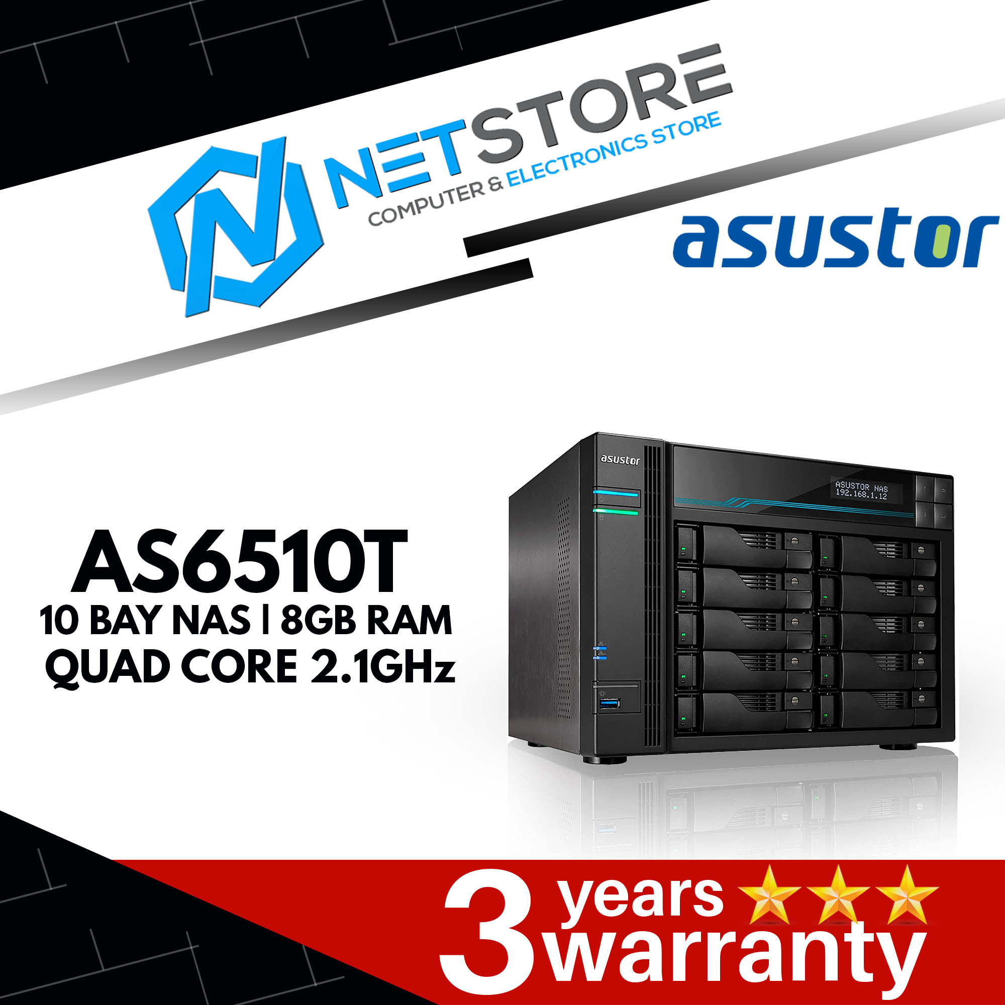 Asustor AS6510T - 10 Bay NAS, 2.1GHz Quad-Core, 2x M.2 NVMe SSD Slot, 2x 10GbE Port, 8GB RAM DDR4, E