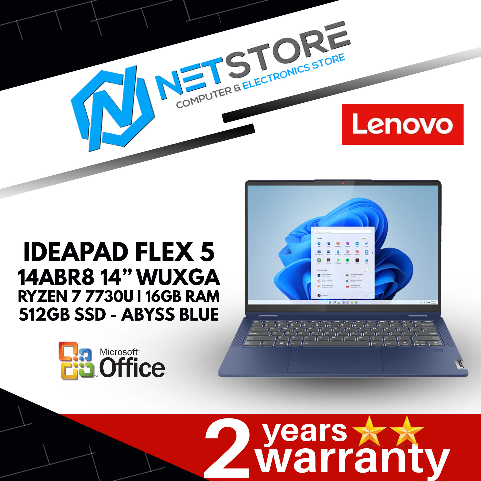 LENOVO IDEAPAD FLEX 5 14ABR8 14” WUXGA TOUCH 2-IN-1 RYZEN 7 7730U | 16GB RAM | 512GB SSD - ABYSS BLU