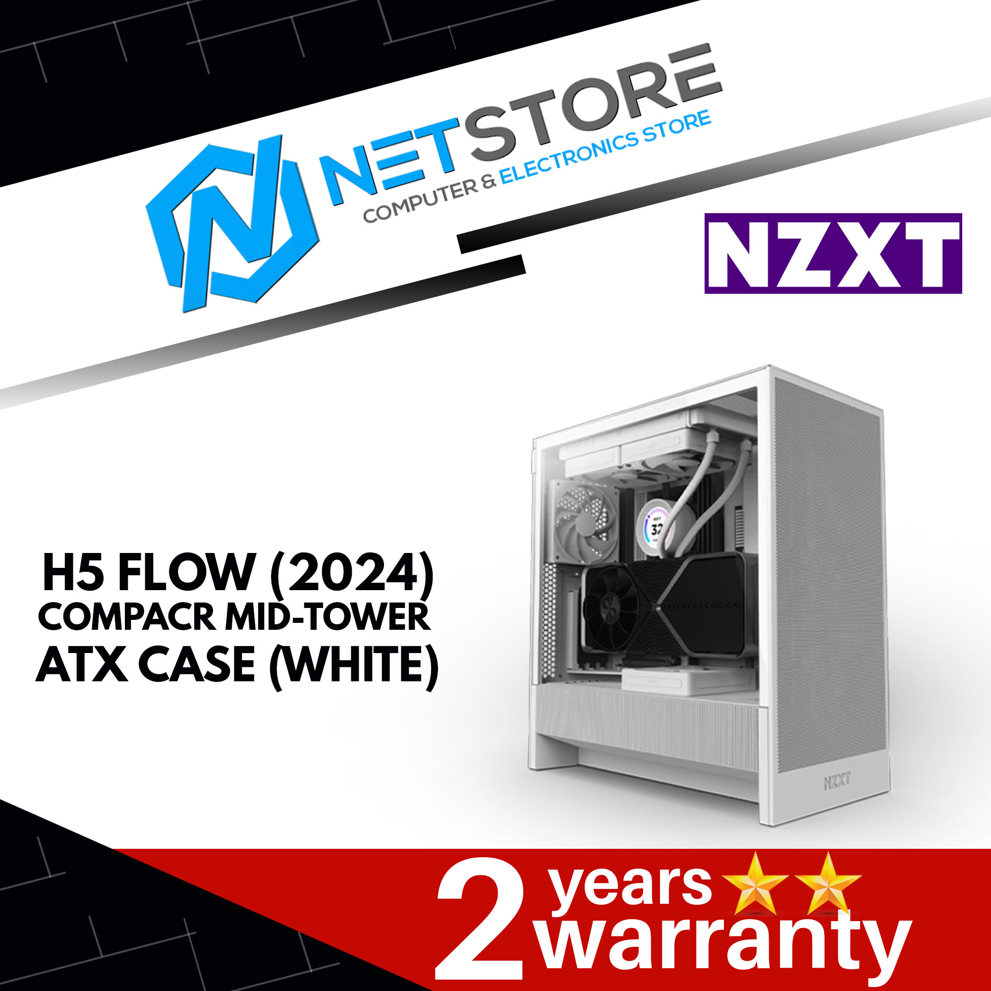 NZXT H5 Flow (2024) Compact Mid-Tower ATX Case (BLACK/WHITE)