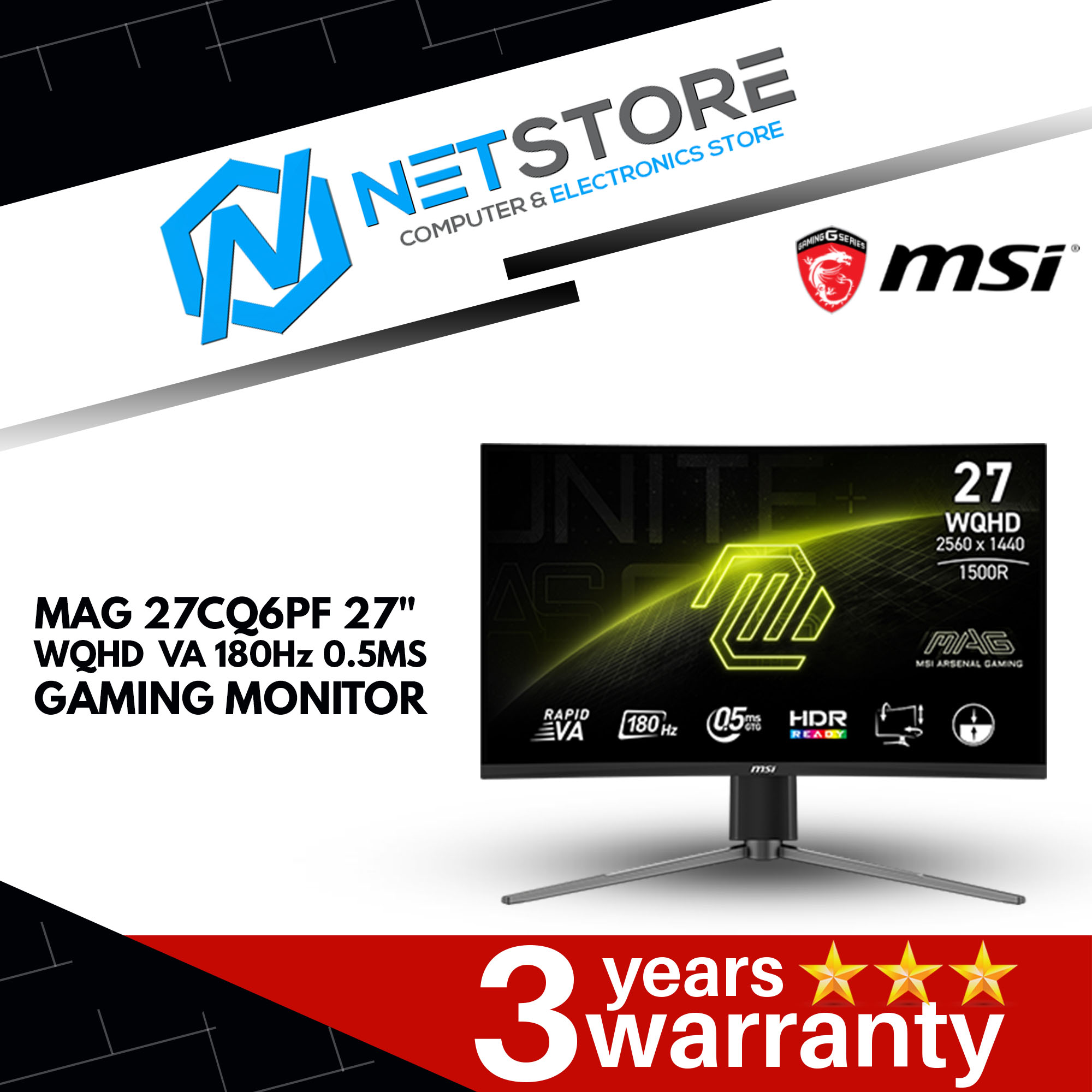 MSI MAG 27CQ6PF 27" WQHD  VA 180Hz 0.5MS Curved Gaming Monitor - 9S6-3CD94M-021