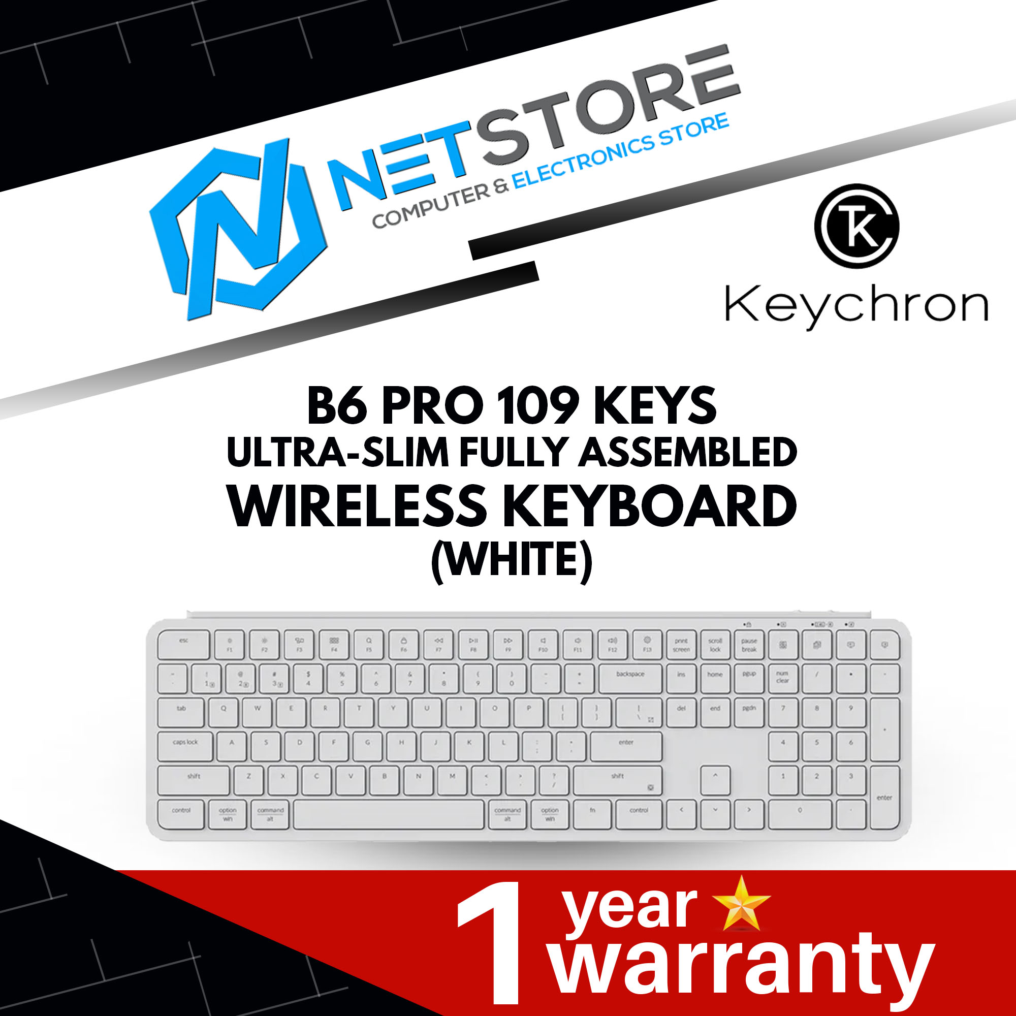 KEYCHRON B6 PRO 109 KEYS ULTRA-SLIM FULLY ASSEMBLED WIRELESS KEYBOARD (GREY / WHITE)
