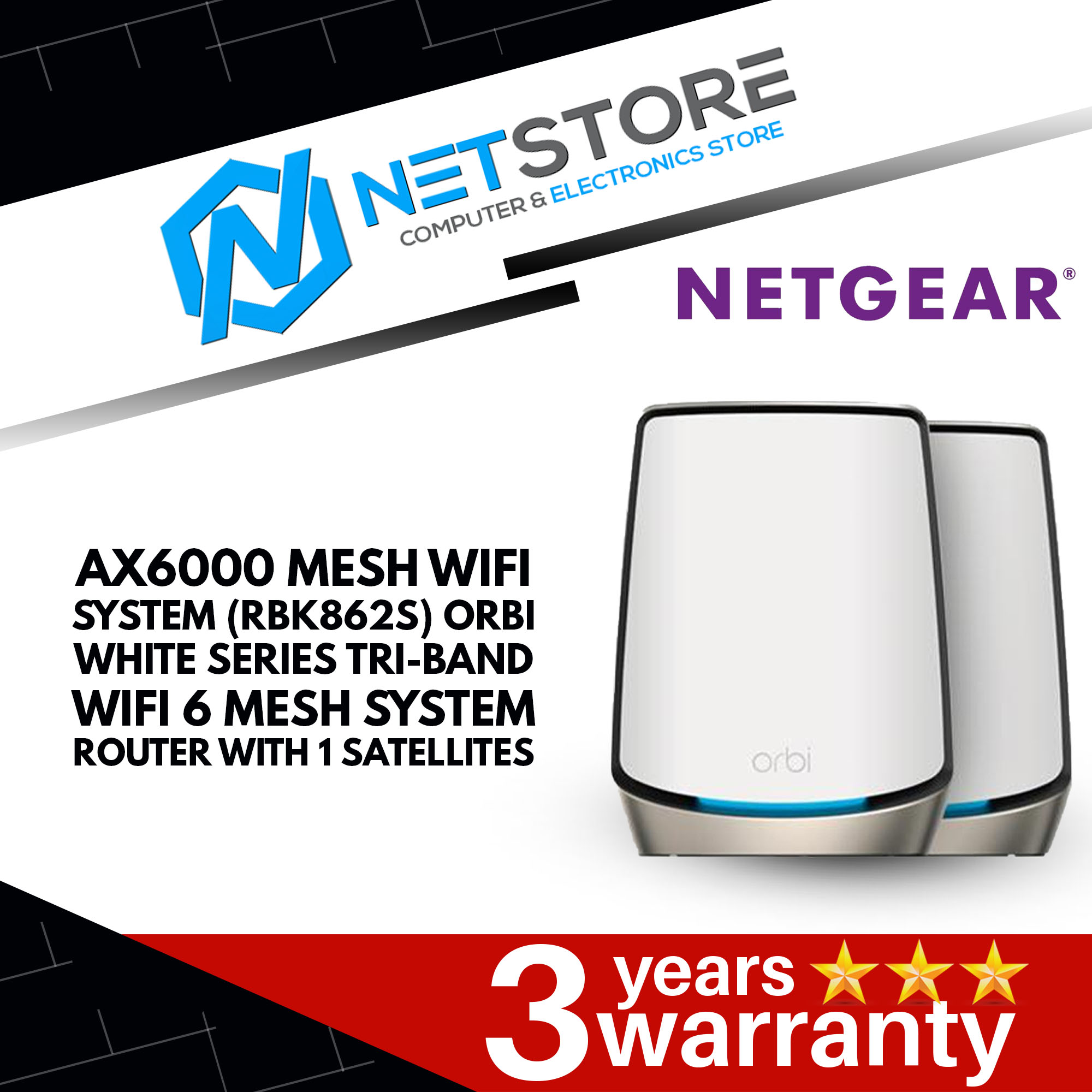 NETGEAR AX6000 MESH WIFI SYSTEM (RBK862S) ORBI WHITE SERIES TRI-BAND WIFI 6 MESH SYSTEM ROUTER - RBK