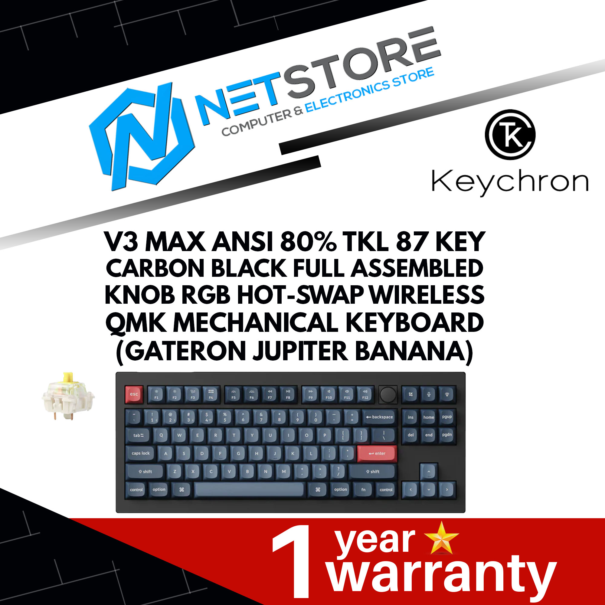 KEYCHRON V3 MAX ANSI 80% TKL 87 KEY CARBON BLACK FULL ASSEMBLED KNOB RGB HOT-SWAP WIRELESS QMK MECHA