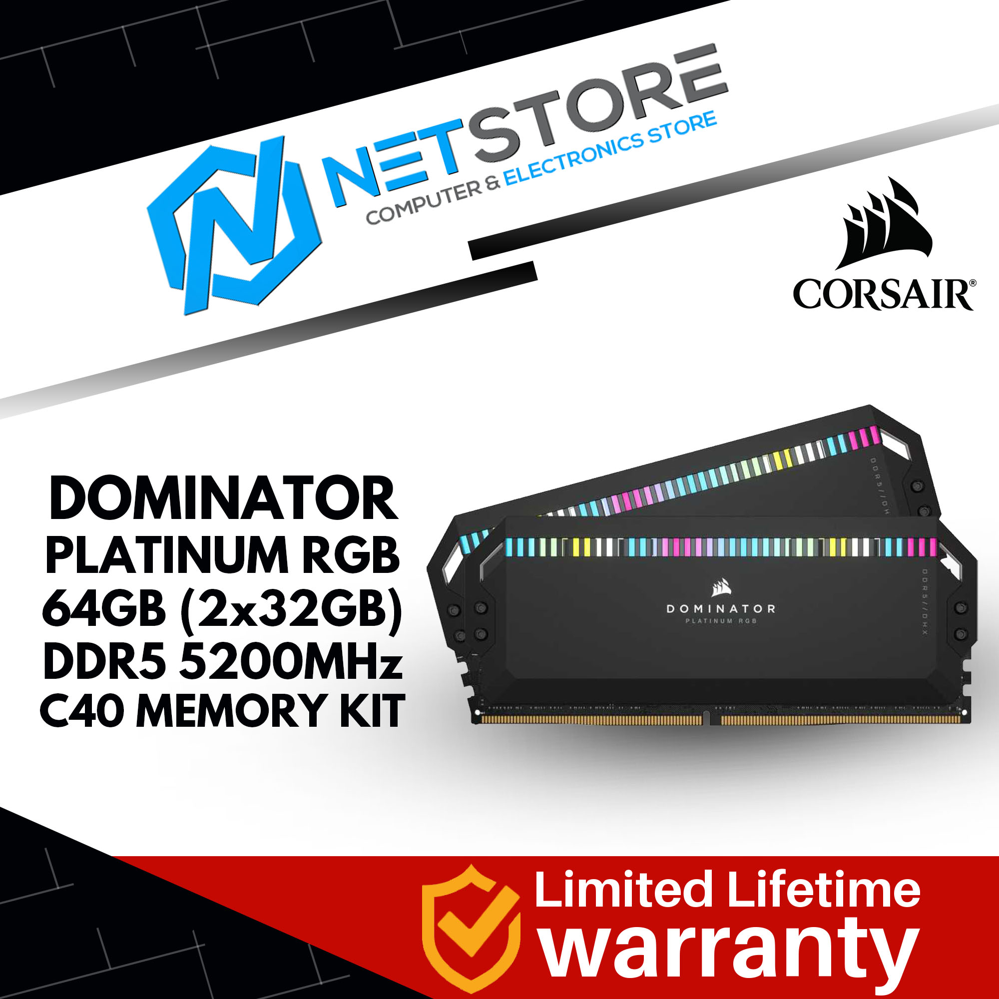 CORSAIR DOMINATOR PLATINUM RGB 64GB (2x32GB) DDR5 5200MHz C40 RAM - CMT64GX5M2B5200C40