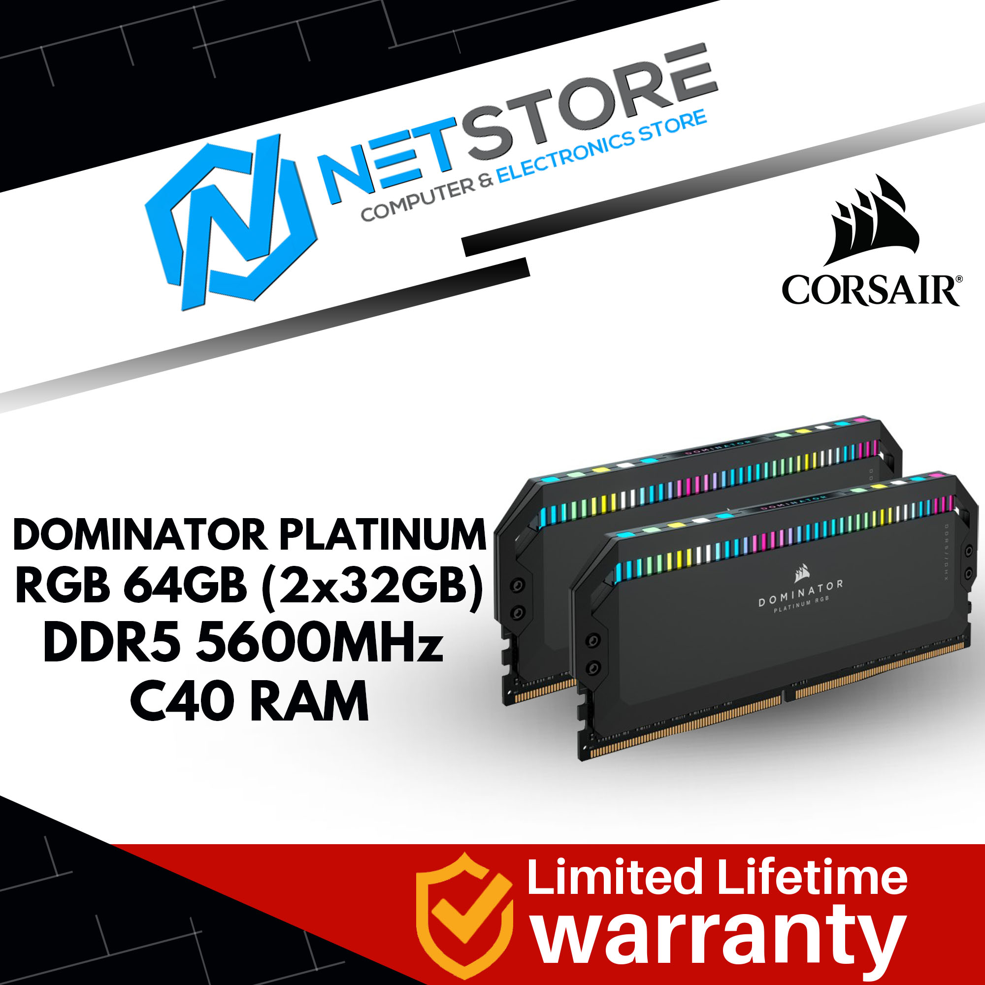 CORSAIR DOMINATOR PLATINUM RGB 64GB (2x32GB) DDR5 5600MHz C40 RAM - CMT64GX5M2B5600C40