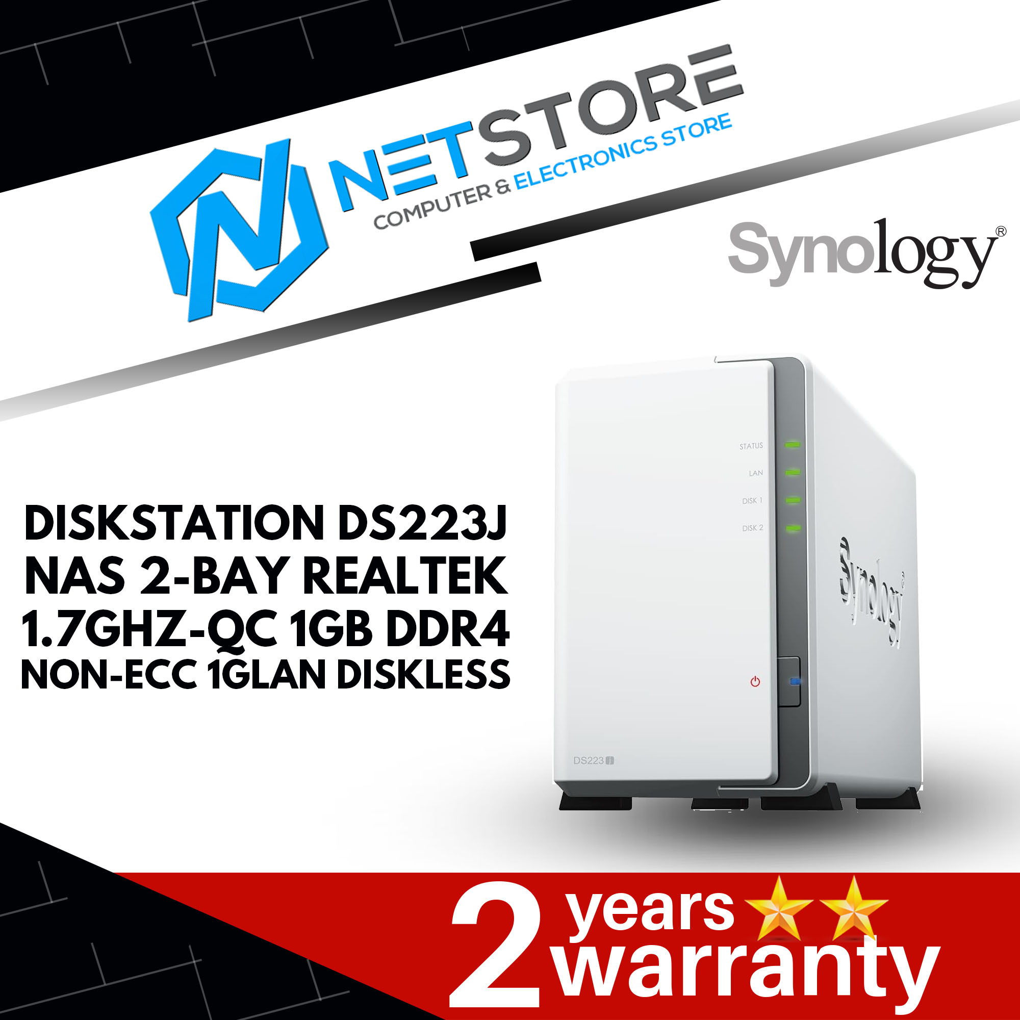 SYNOLOGY DISKSTATION DS223j NAS 2-BAY REALTEK 1.7GHZ-QC 1GB 1GLAN DISKLESS