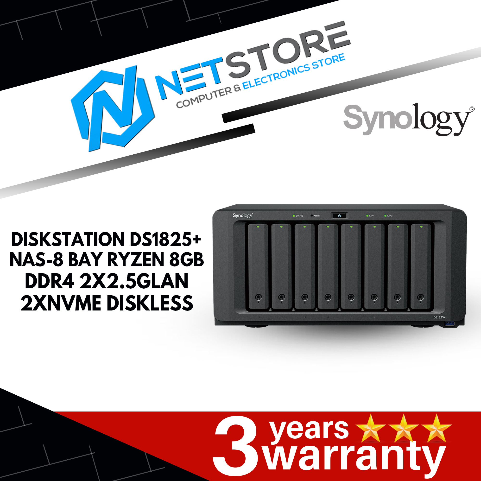 SYNOLOGY DISKSTATION DS1825+ NAS 8-BAY RYZEN 2.2GHZ-QC 8GB 2x2.5GLAN 2xNVME DISKLESS